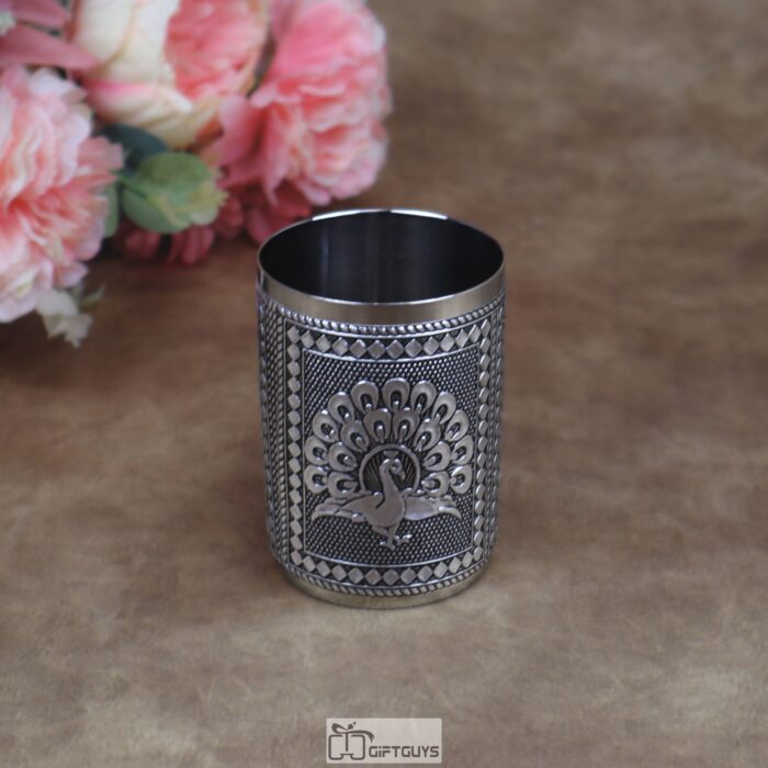 Peacock Designed Oxidised Stainless Steel Glass – 250 ml Traditional Engraved Tumbler for Home & Gifts