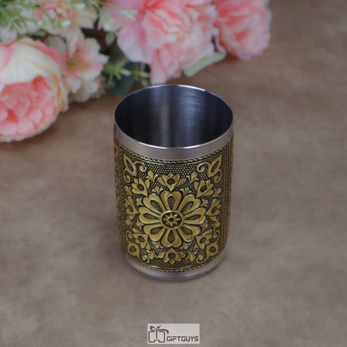 Oxidised Embossed Stainless Steel Glass – 250 ml Vintage Floral Design Tumbler