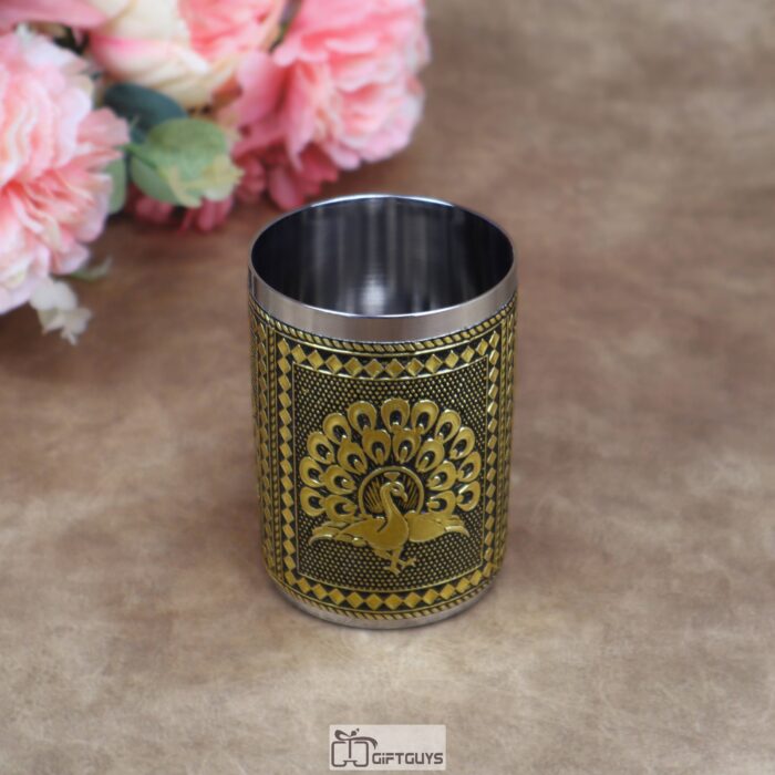 Peacock Design Stainless Steel Glass – 250 ml Traditional Engraved Tumbler for Home & Gifts