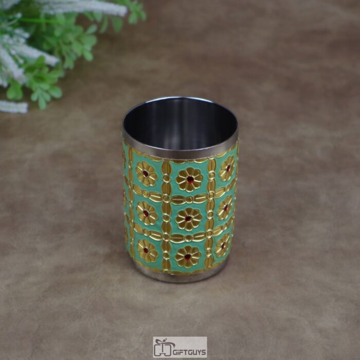 Green Meenakari Floral Stainless Steel Glass – 250 ml Handcrafted Tumbler for Festive & Daily Use