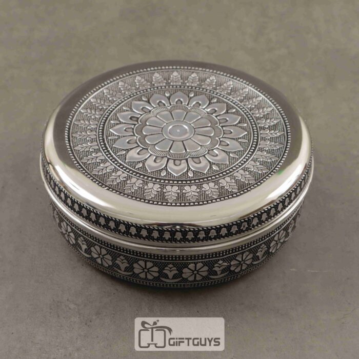 Embossed Silver Finish Steel Box – 6.5 Inch Decorative Storage & Gift Container