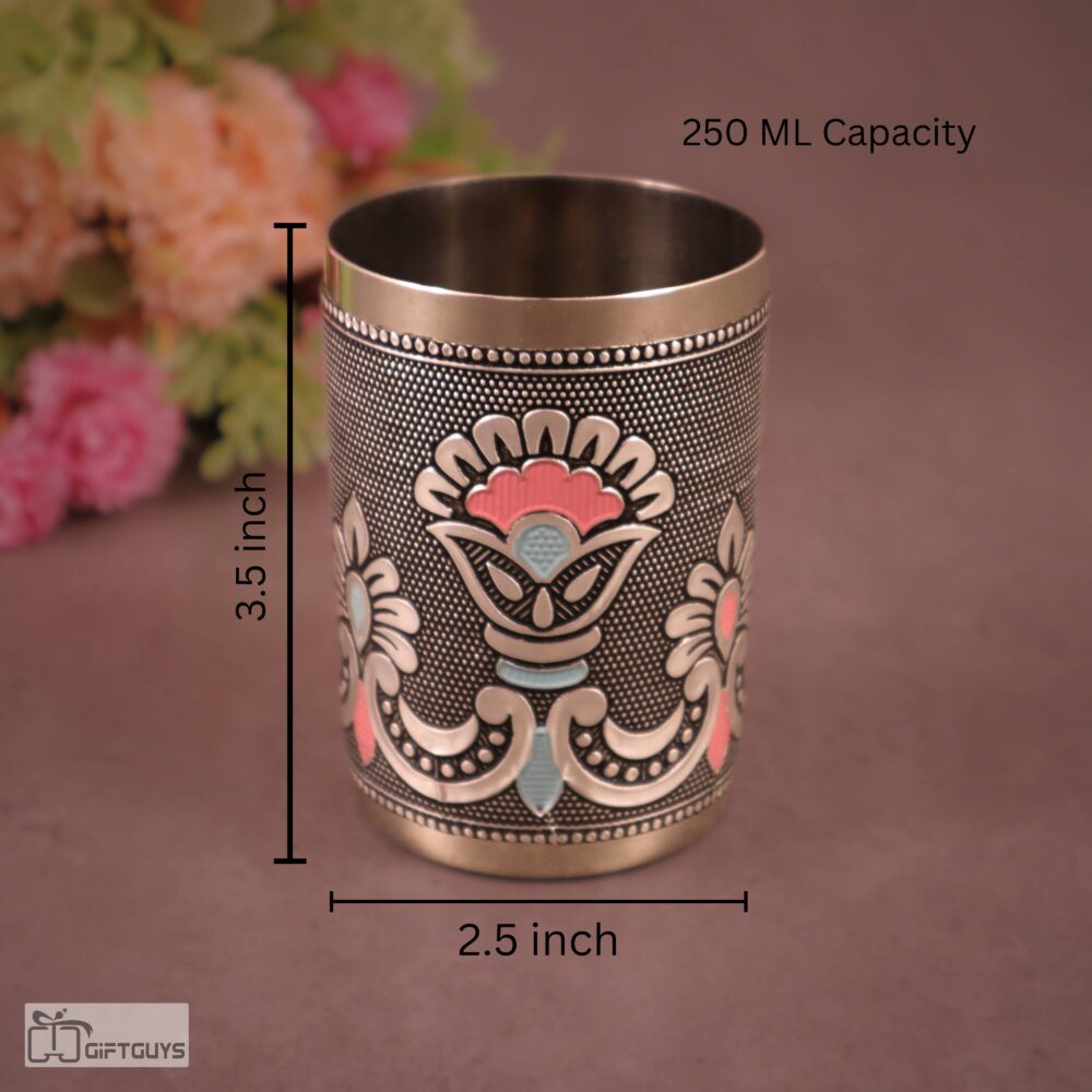 Meenakari Stainless Steel Glasses – 250 ml Traditional Floral Design Tumblers for Kitchen & Gifting - Image 2