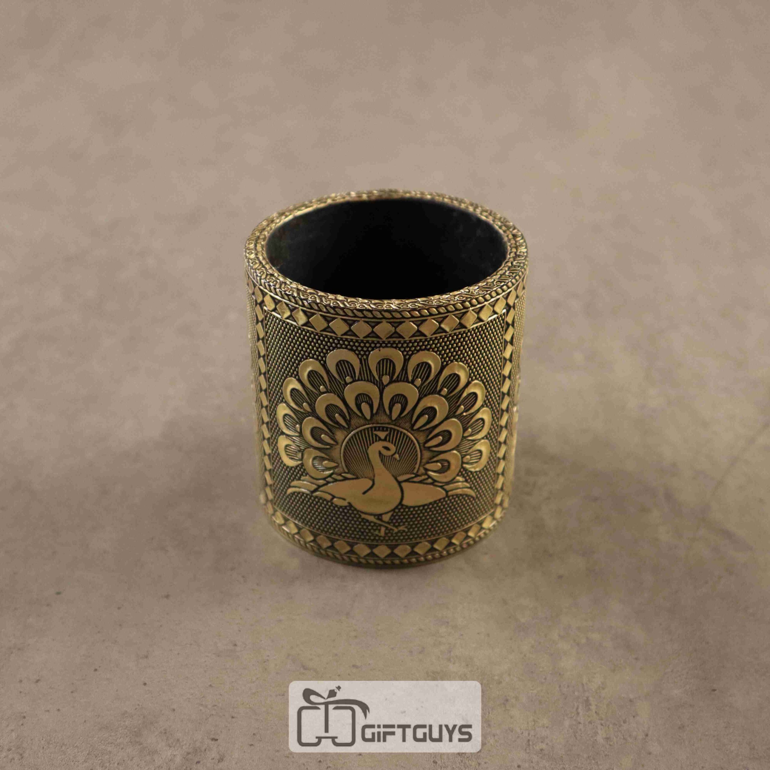 Pen Stand Gold Oxidised Peacock Design