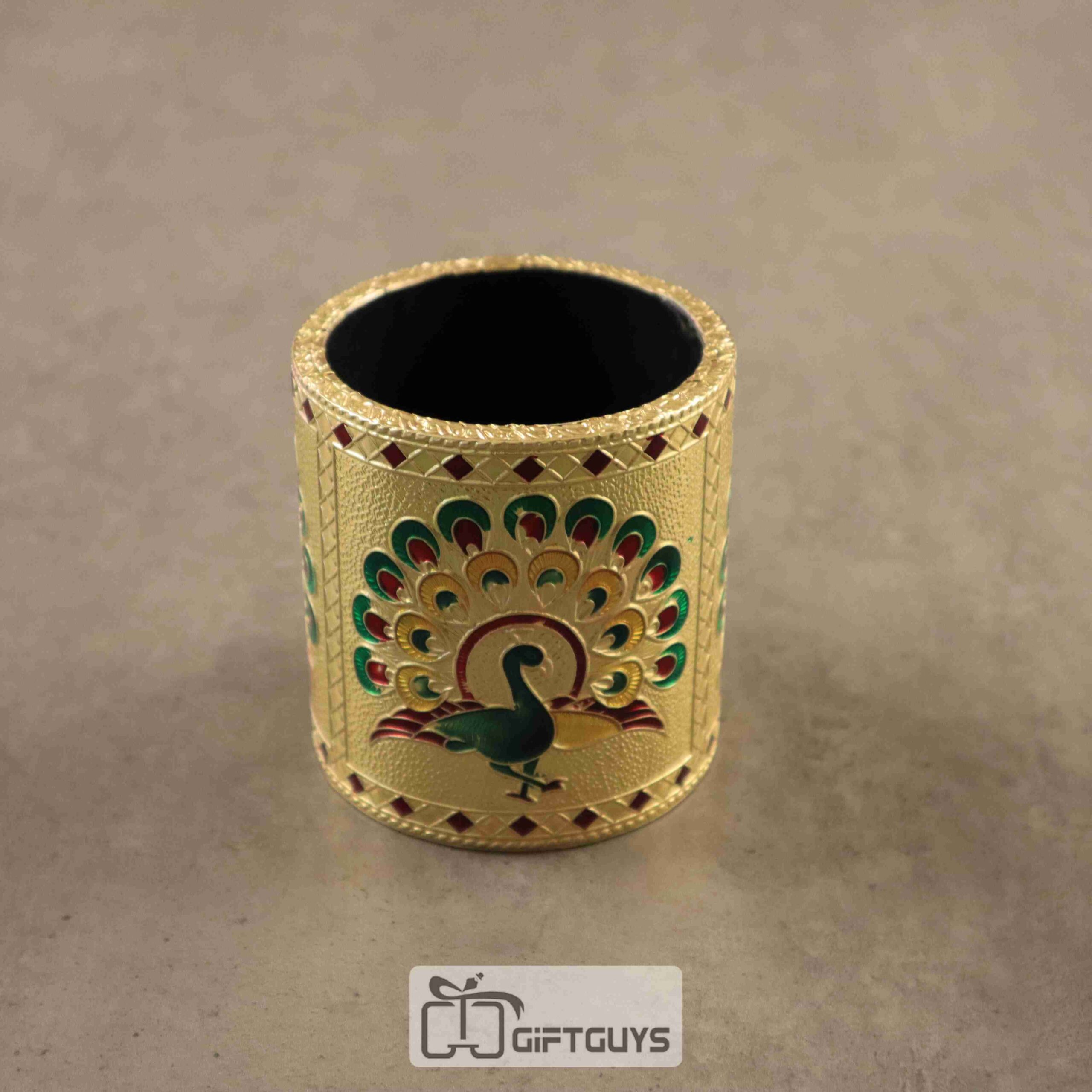 Pen Stand Gold Meenakari Peacock Design