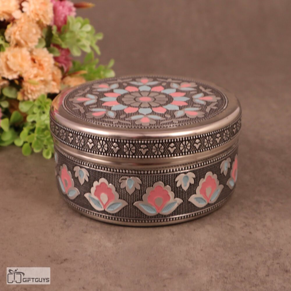 Premium Meenakari Steel Box 5.5″ x 2.5″ | Handcrafted Floral Enamel Storage Container - Image 6
