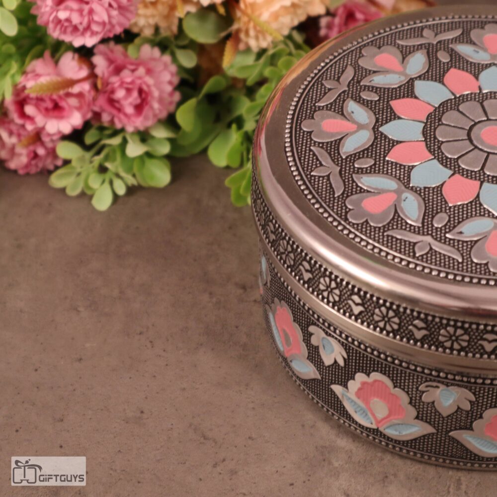 Premium Meenakari Steel Box 5.5″ x 2.5″ | Handcrafted Floral Enamel Storage Container - Image 5