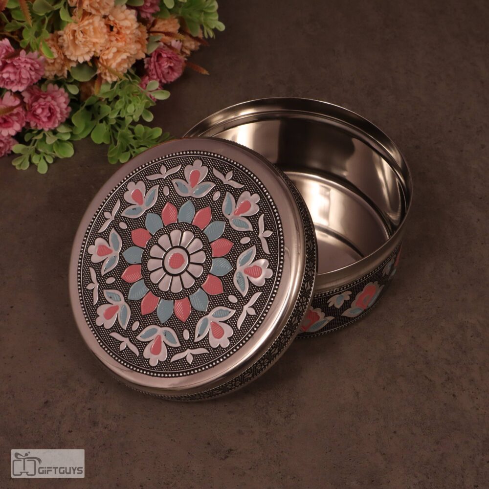 Premium Meenakari Steel Box 5.5″ x 2.5″ | Handcrafted Floral Enamel Storage Container - Image 3