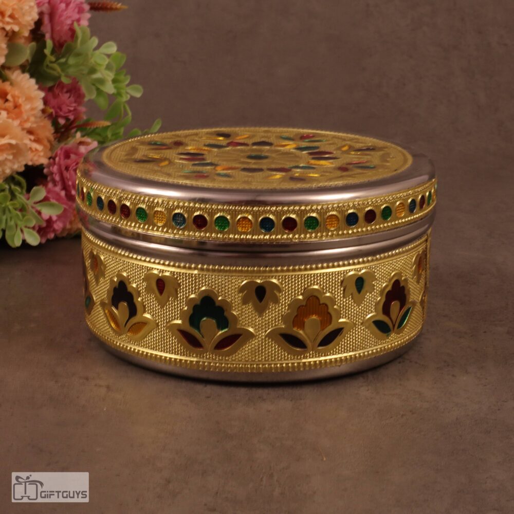 Golden Meenakari Steel Box 5.5" x 2.5" | Decorative Multicolor Enamel Storage Container - Image 4