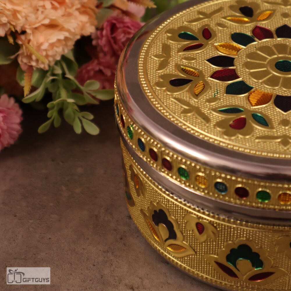 Golden Meenakari Steel Box 5.5" x 2.5" | Decorative Multicolor Enamel Storage Container - Image 5