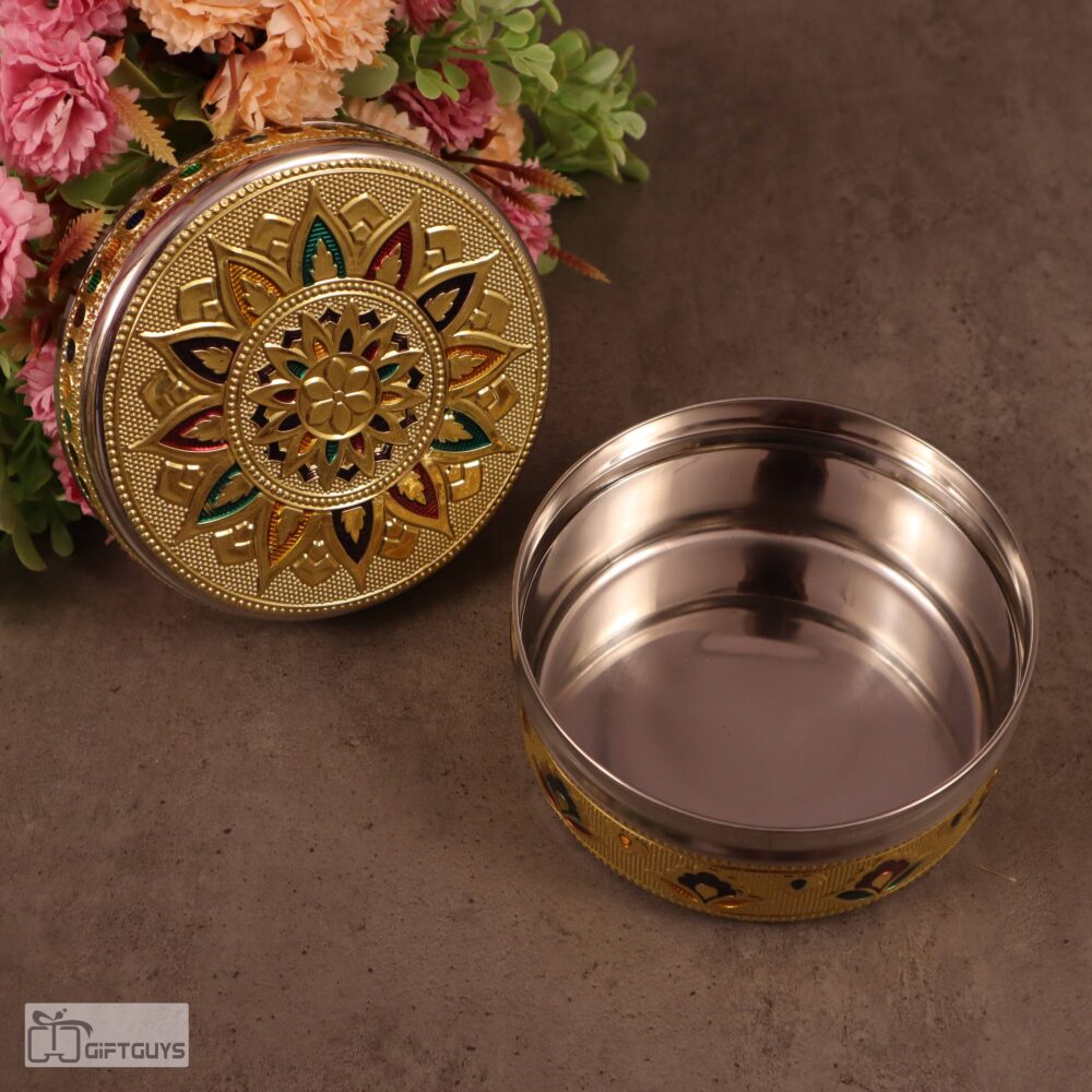 Golden Meenakari Steel Box 4.5" x 2.25" | Decorative Multicolor Enamel Storage Container - Image 7