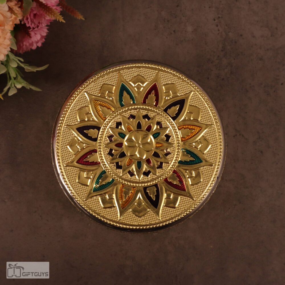 Golden Meenakari Steel Box 4.5" x 2.25" | Decorative Multicolor Enamel Storage Container - Image 2