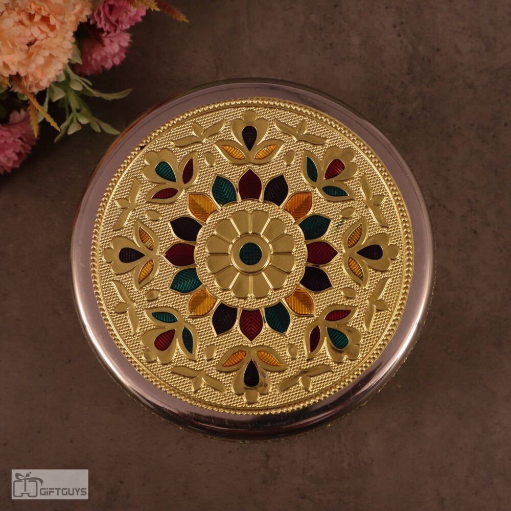 Golden Meenakari Steel Box 5.5" x 2.5" | Decorative Multicolor Enamel Storage Container - Image 2