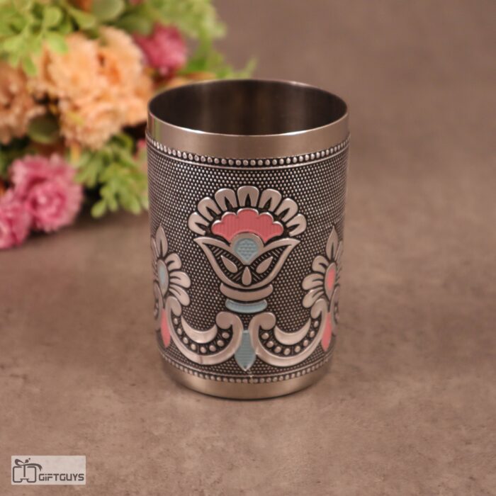 Meenakari Stainless Steel Glasses – 250 ml Traditional Floral Design Tumblers for Kitchen & Gifting