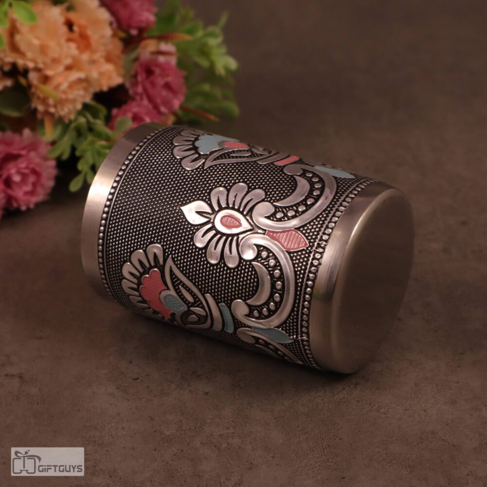 Meenakari Stainless Steel Glasses – 250 ml Traditional Floral Design Tumblers for Kitchen & Gifting - Image 3