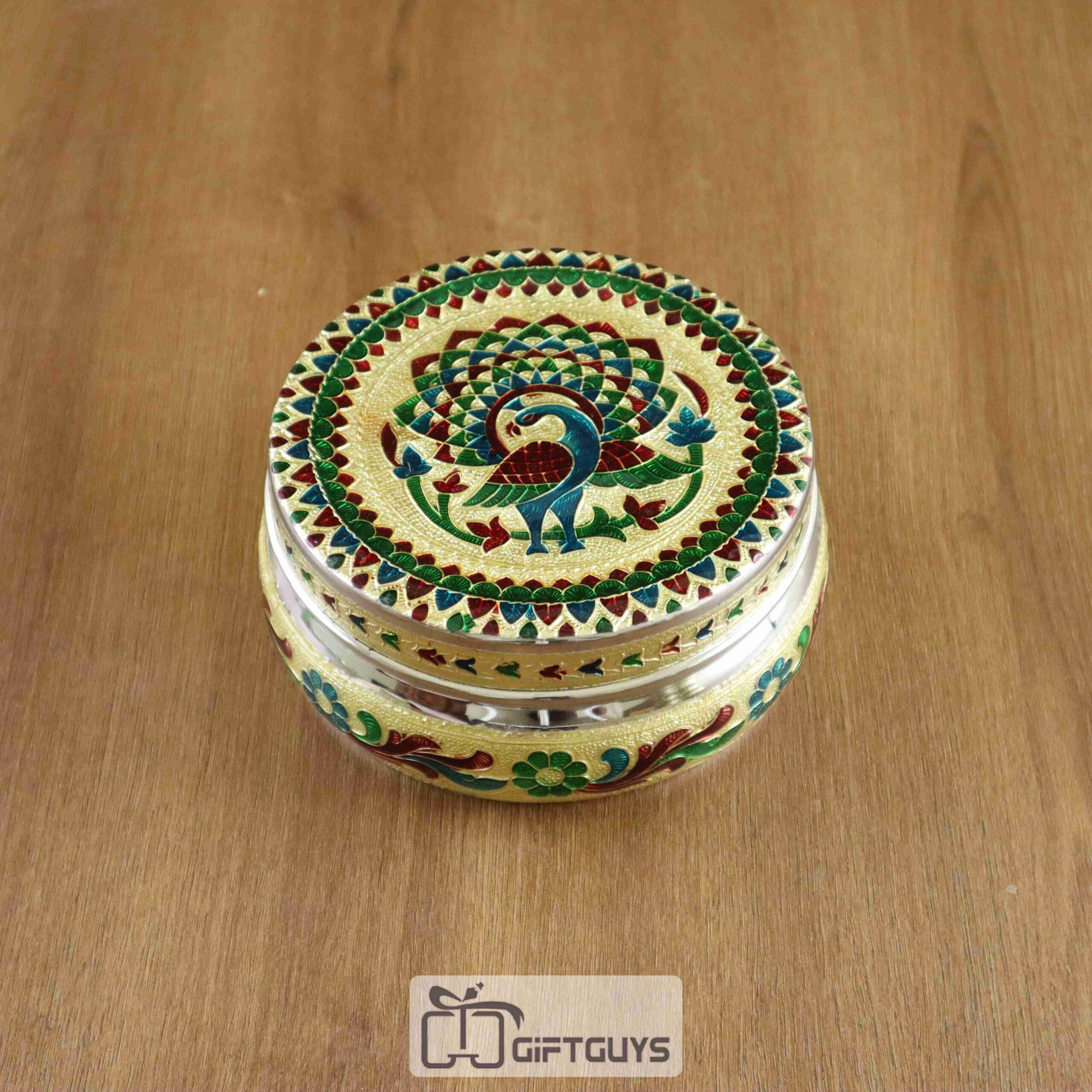 Peacock Design Meenakari Steel Box – 5 Inch Decorative Storage Container for Gifts & Home Use