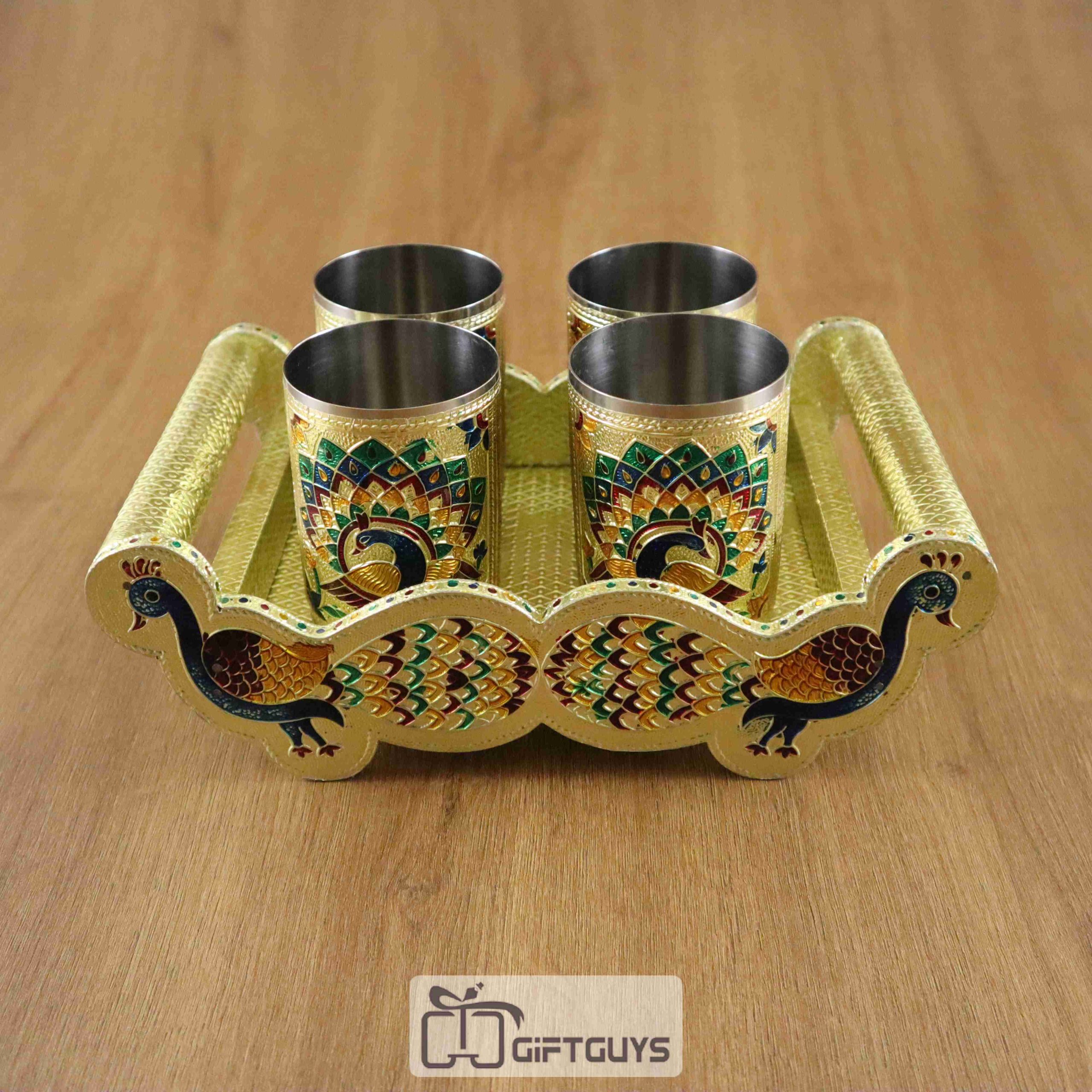 Meenakari Pacock Designed Tray With 4 Glass