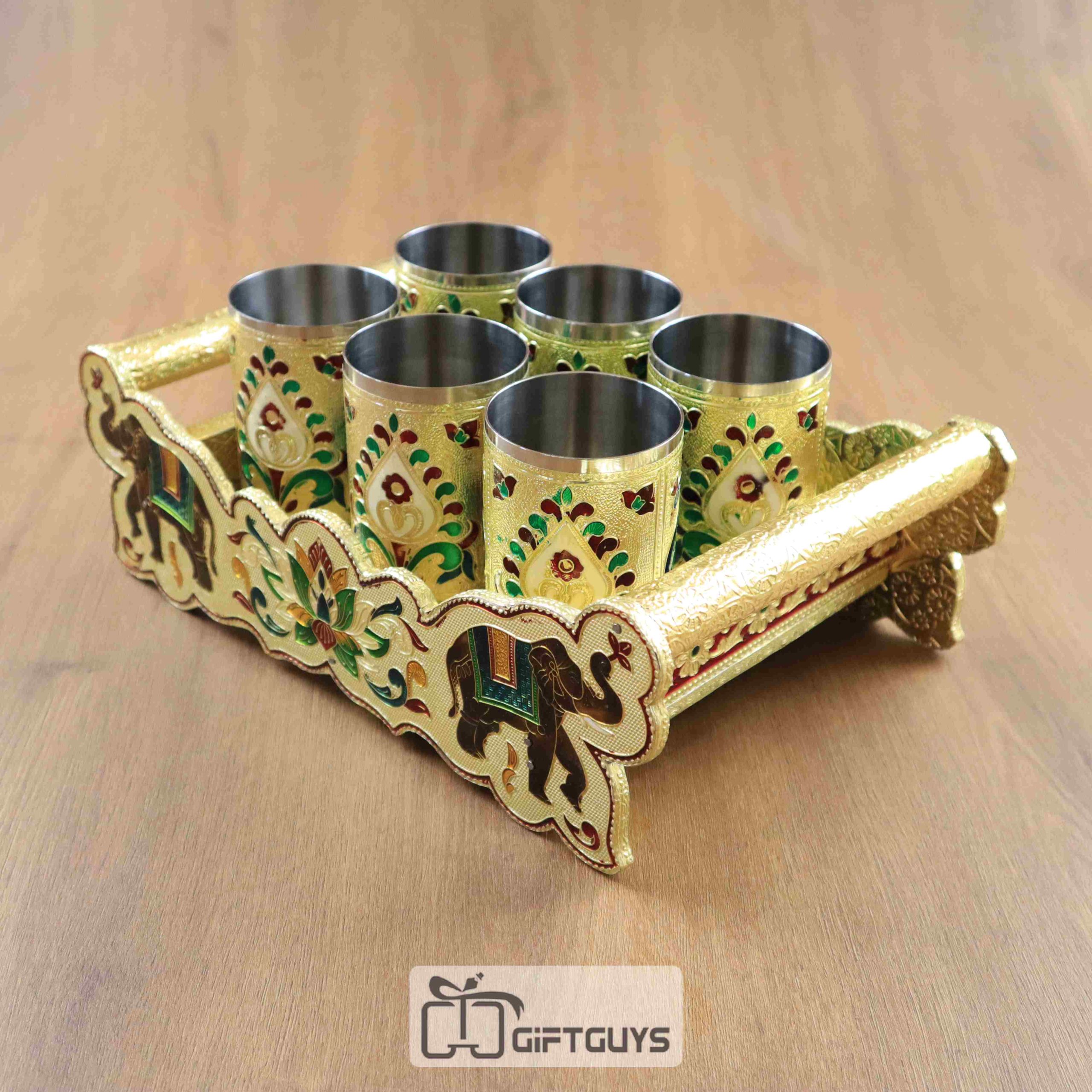 Meenakari Elephant Curved Tray With 6 Glass