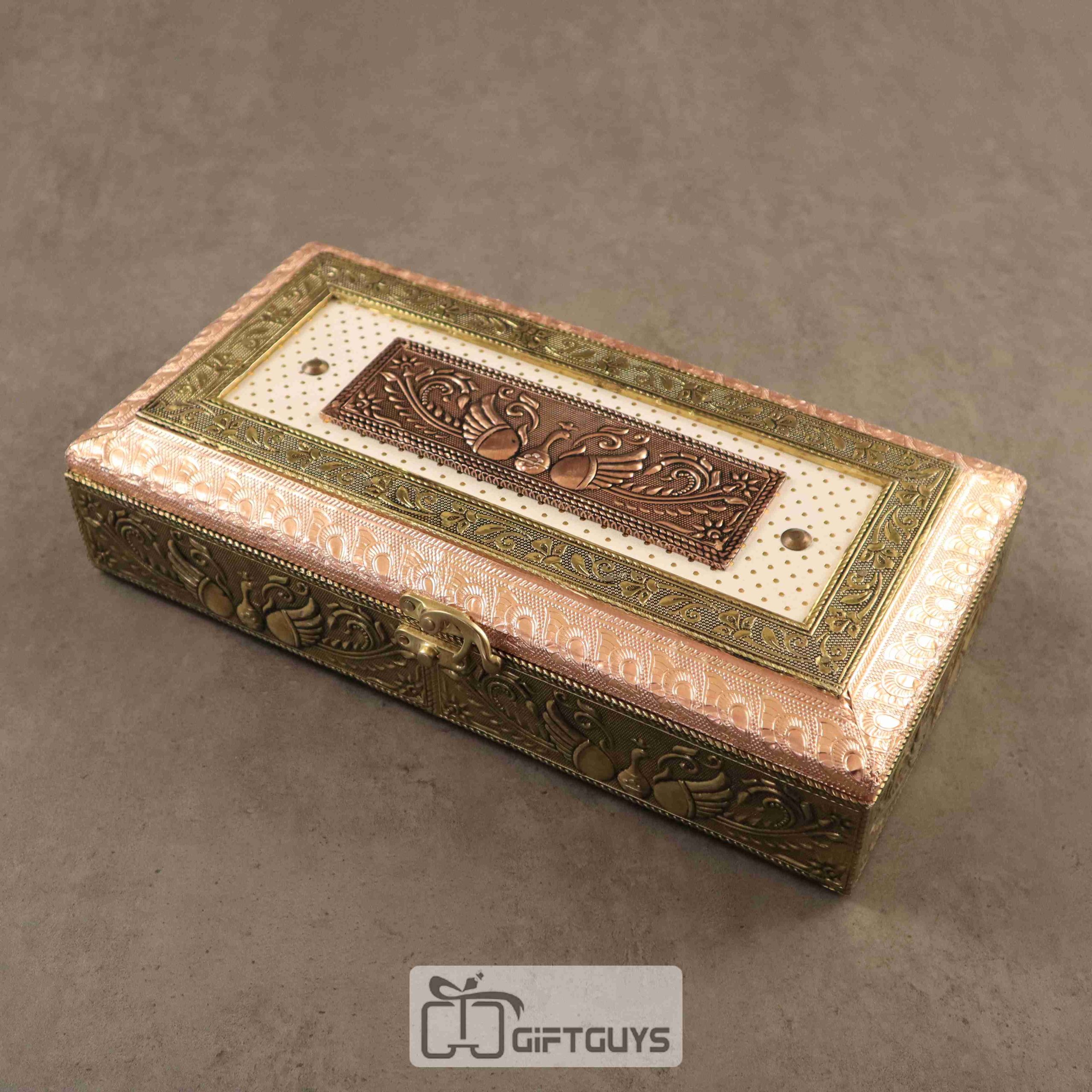 Handcrafted Wooden Dry Fruit Box with Antique Finish & Golden Compartments – GiftGuys