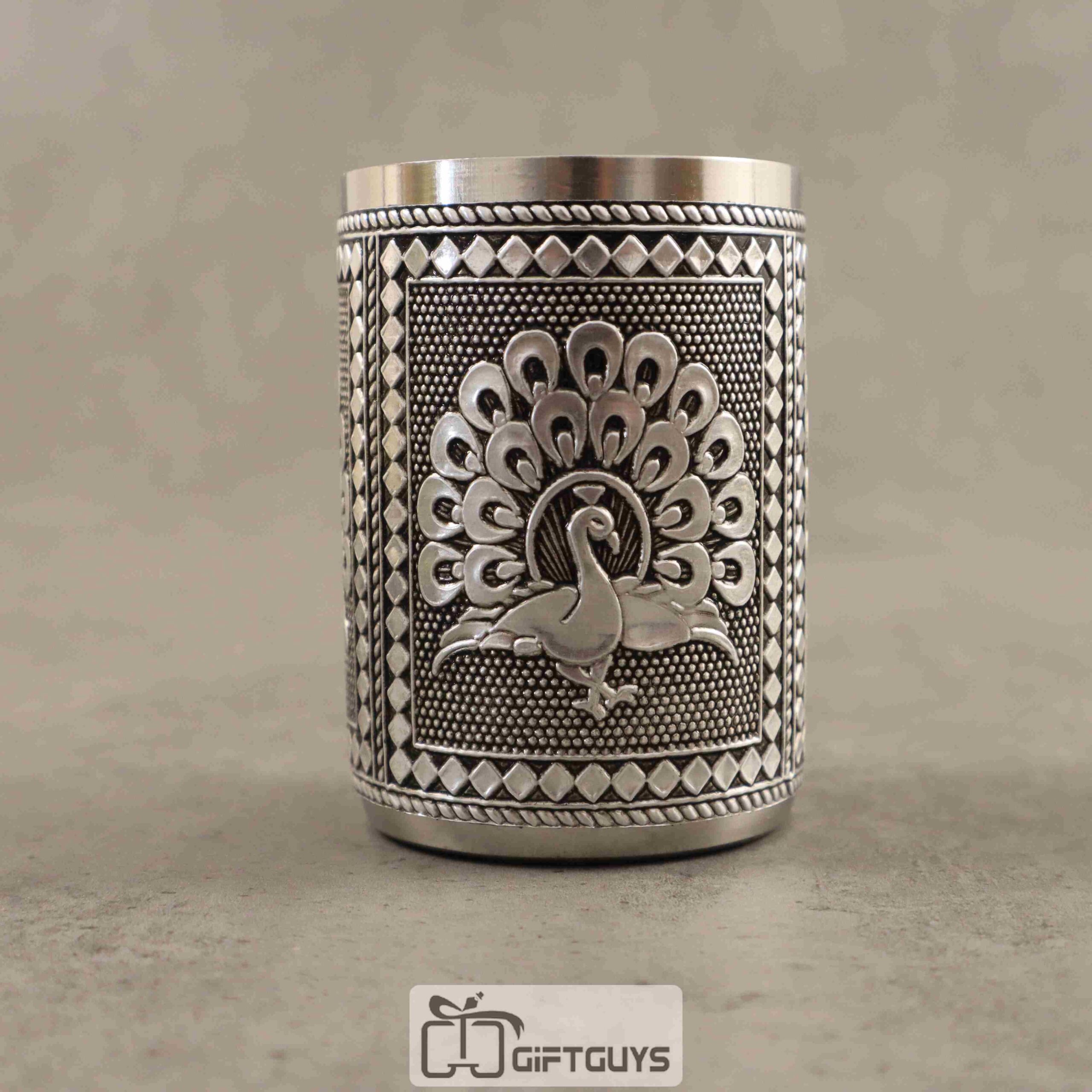 Peacock Designed Oxidised Stainless Steel Glass – 250 ml Traditional Engraved Tumbler for Home & Gifts