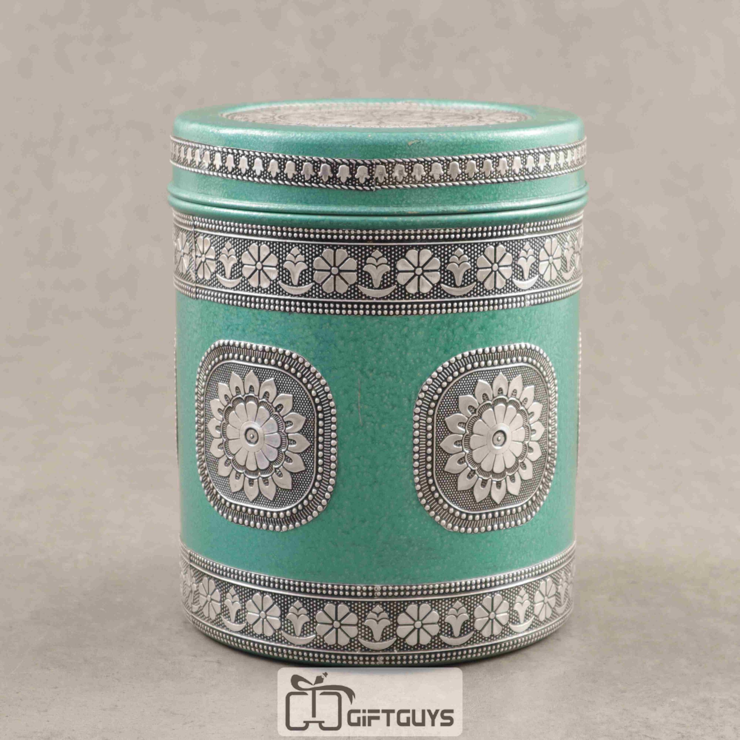 Silver Oxidised Dabba Light Green Finished 5.5 inch Diameter