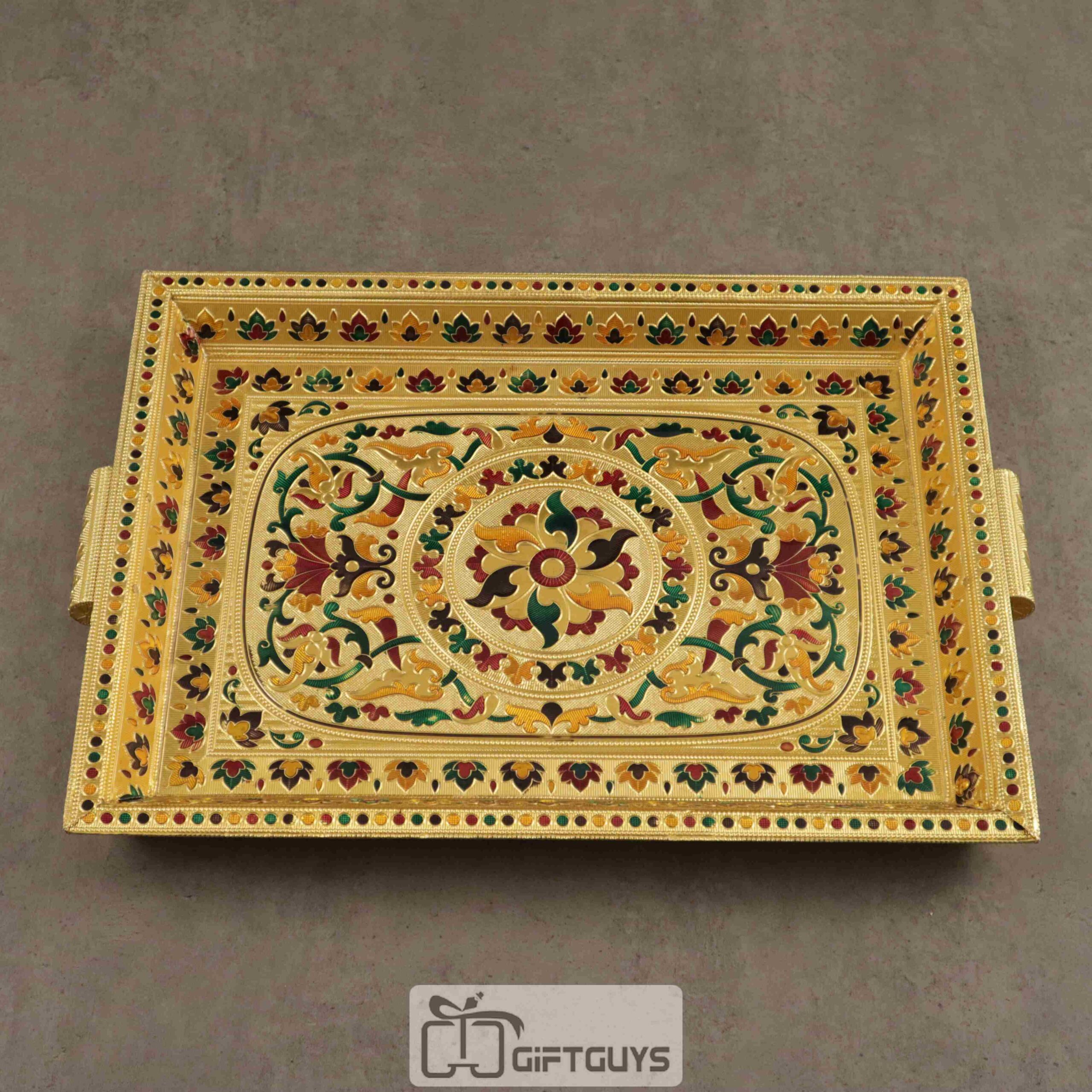 Golden Meenakari Tray Floral Design 16 x 12 inch