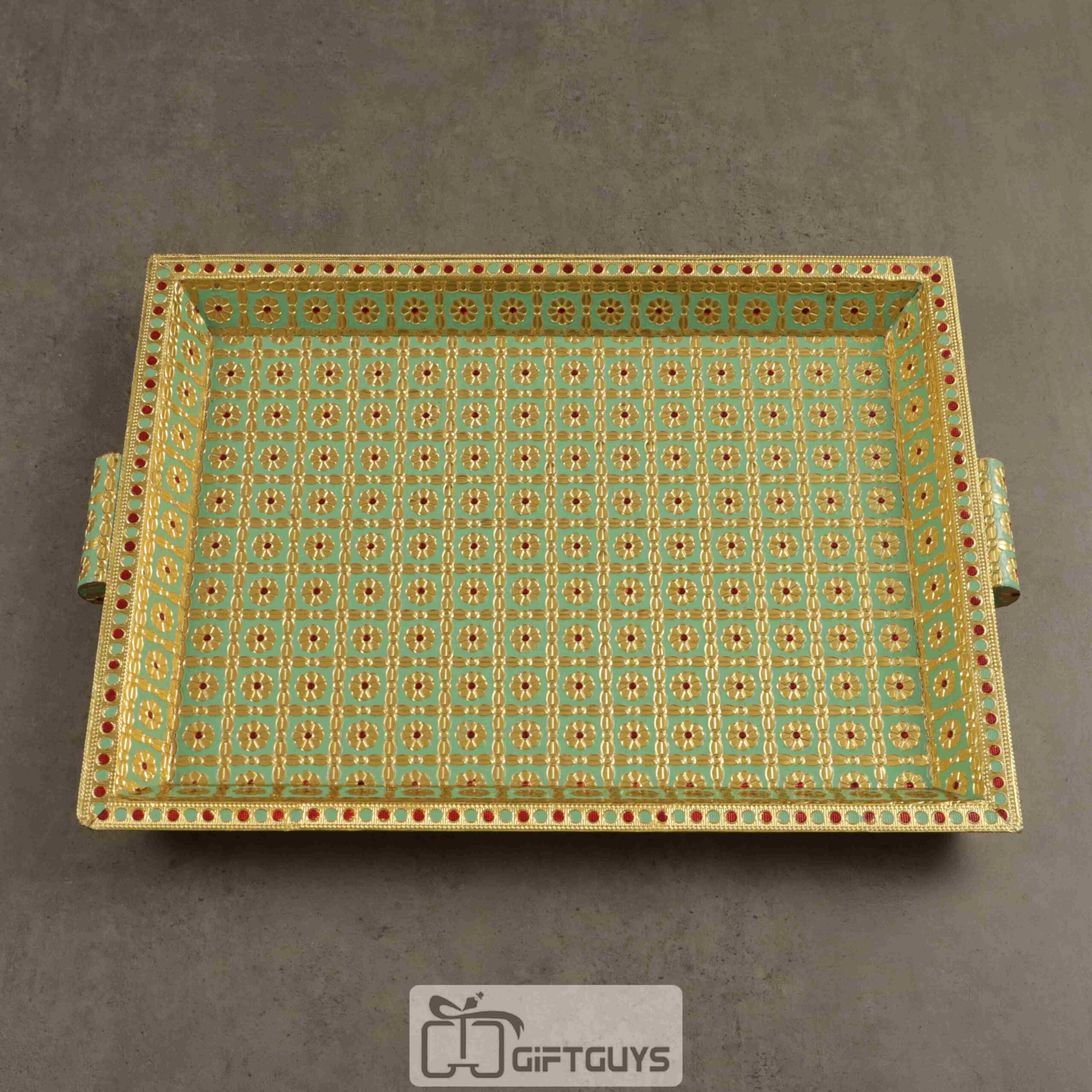 Golden Meenakari Tray Light Green Colour 16 x 12 inch