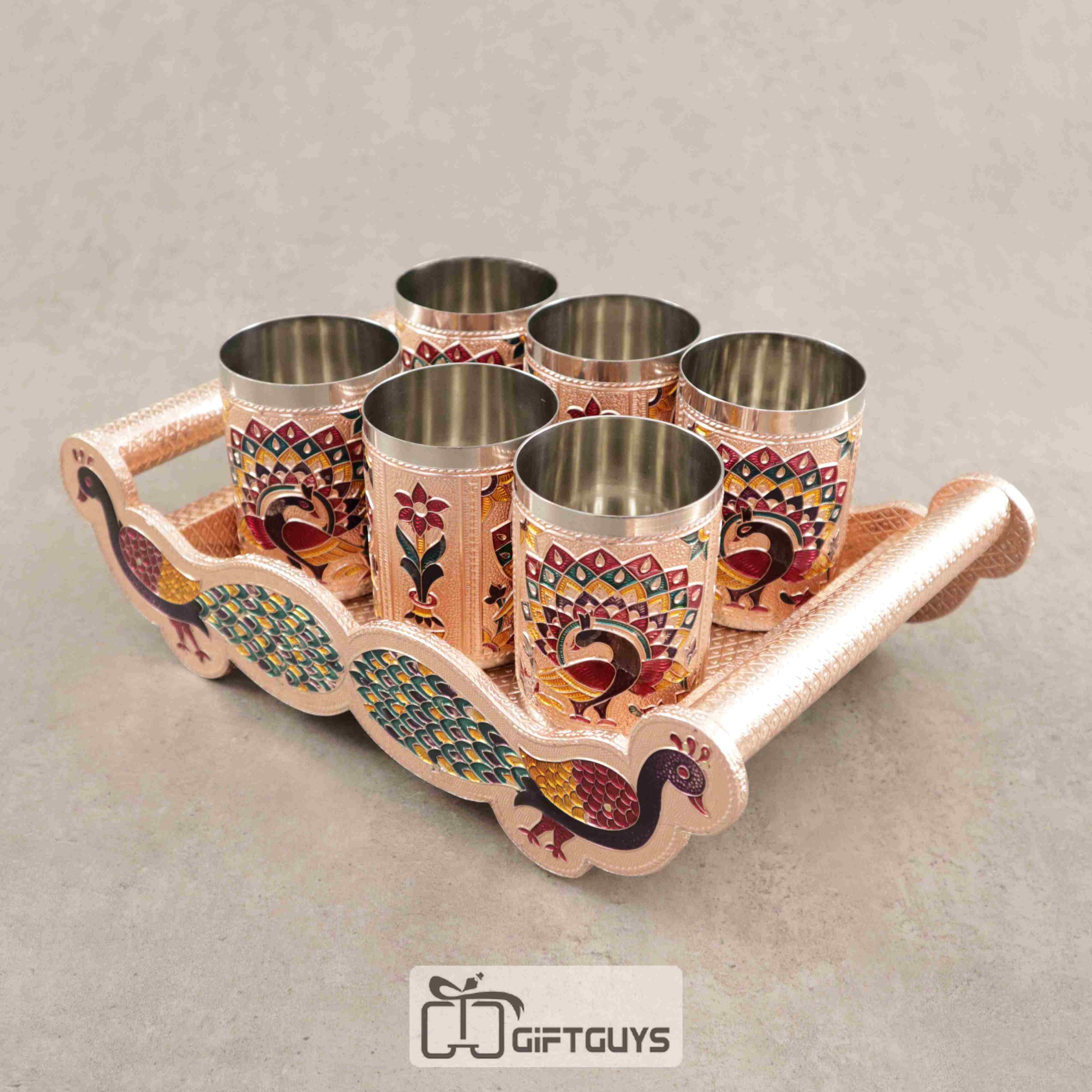 Meenakari Peacock Design Tray With 6 Glass