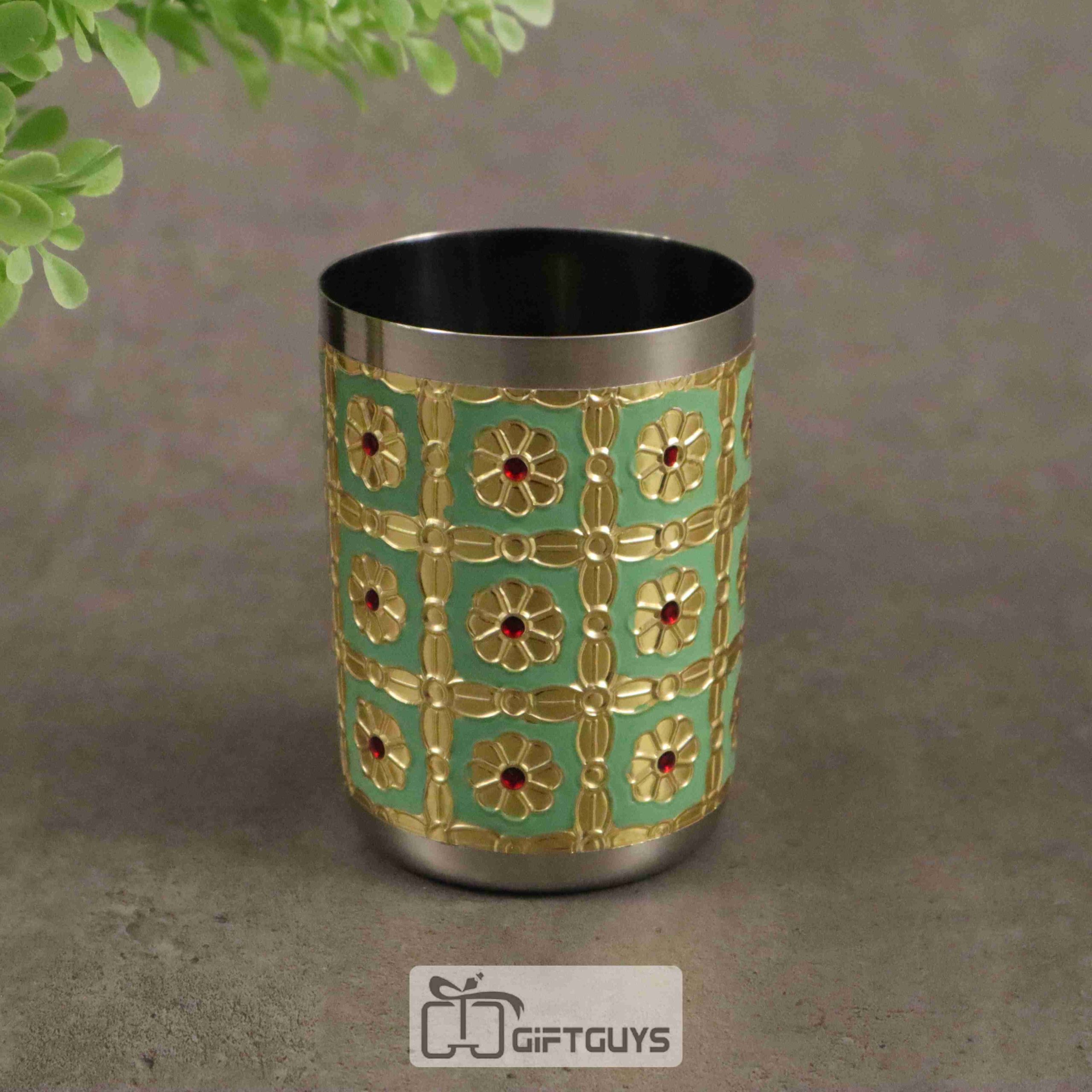 Green Meenakari Floral Stainless Steel Glass – 250 ml Handcrafted Tumbler for Festive & Daily Use