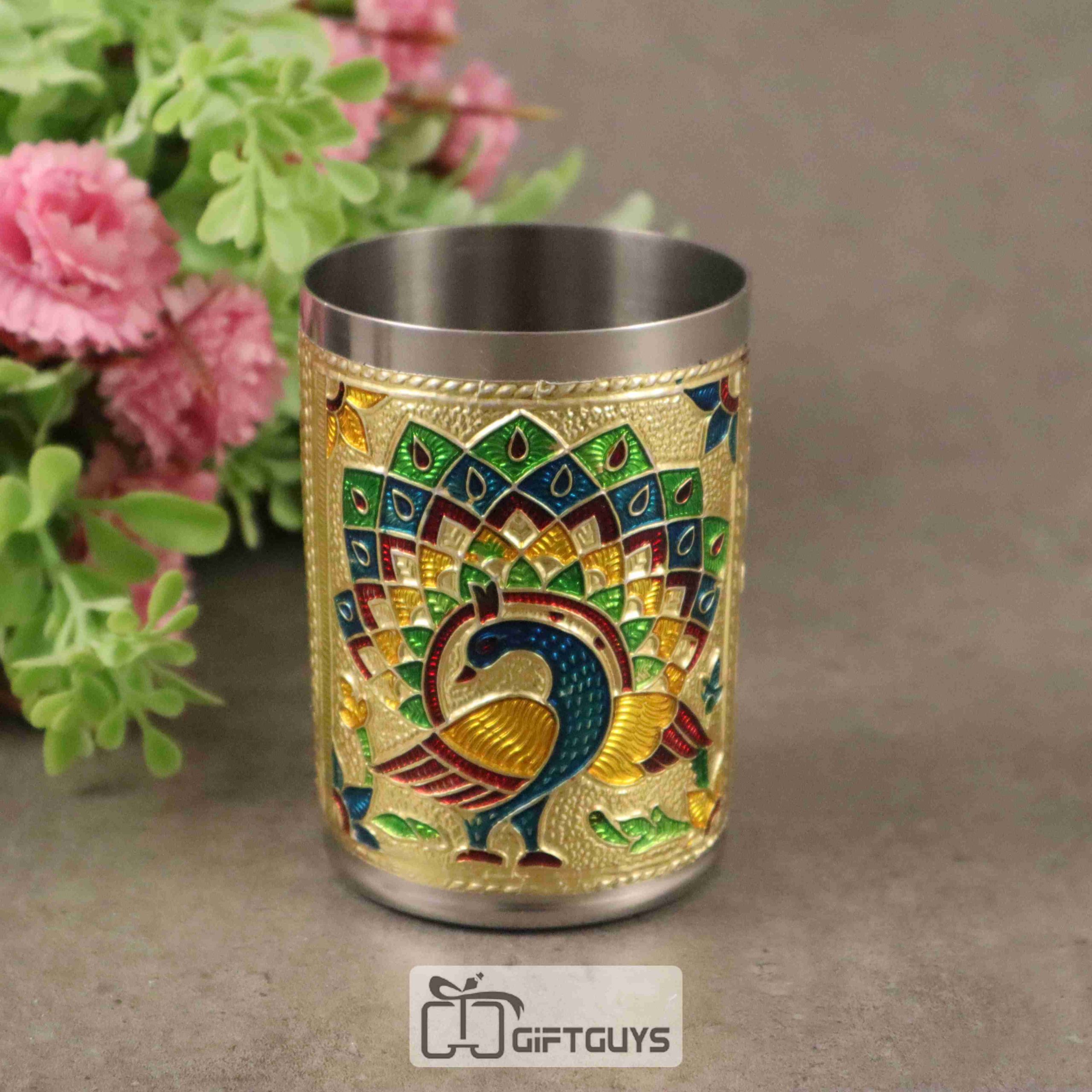 Meenakari Peacock Stainless Steel Glass – 250 ml Handcrafted Colorful Tumbler