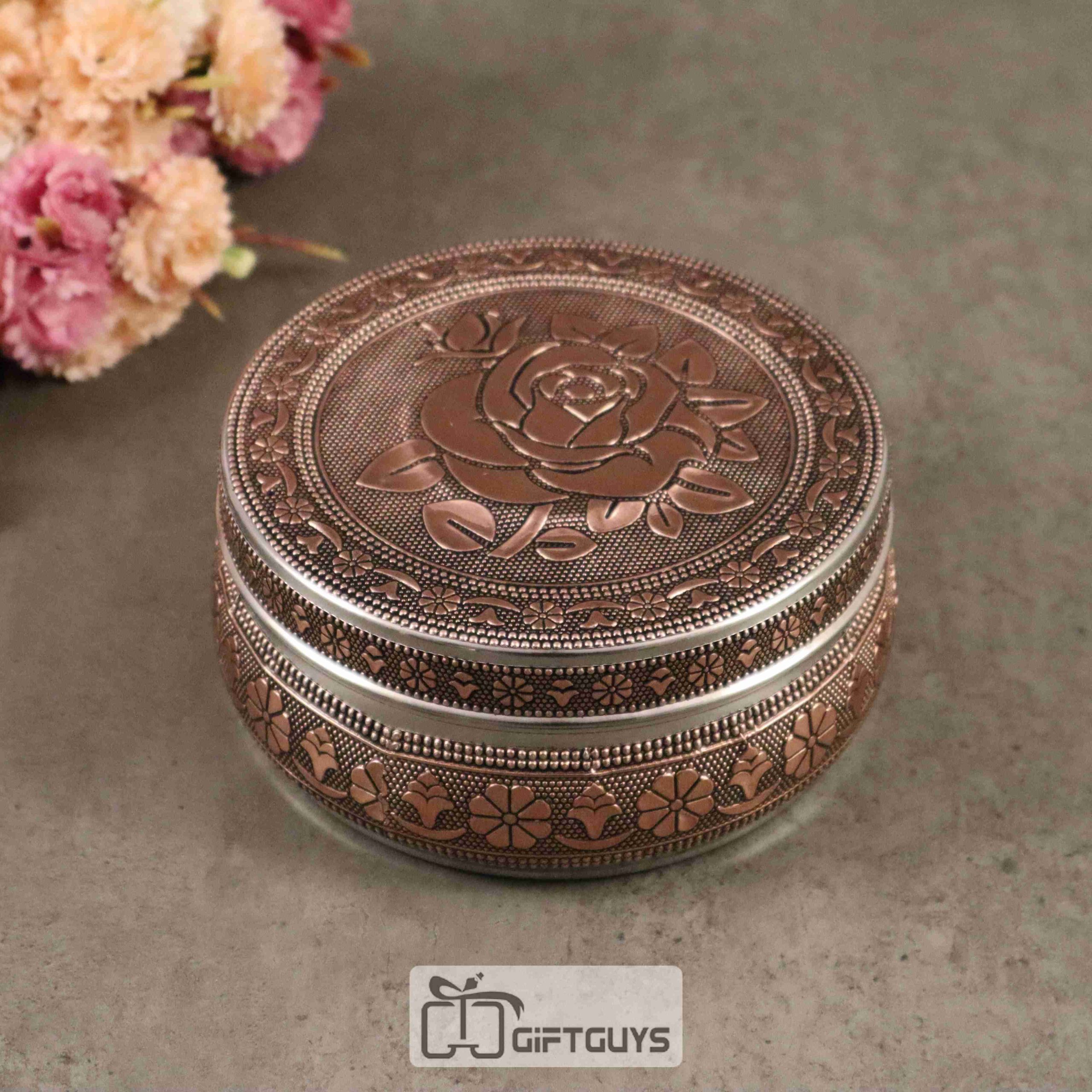 Copper Finish Rose Design Steel Box – Floral Gift Box for Pooja, Jewelry & Festive Return Gifts (5-Inch)