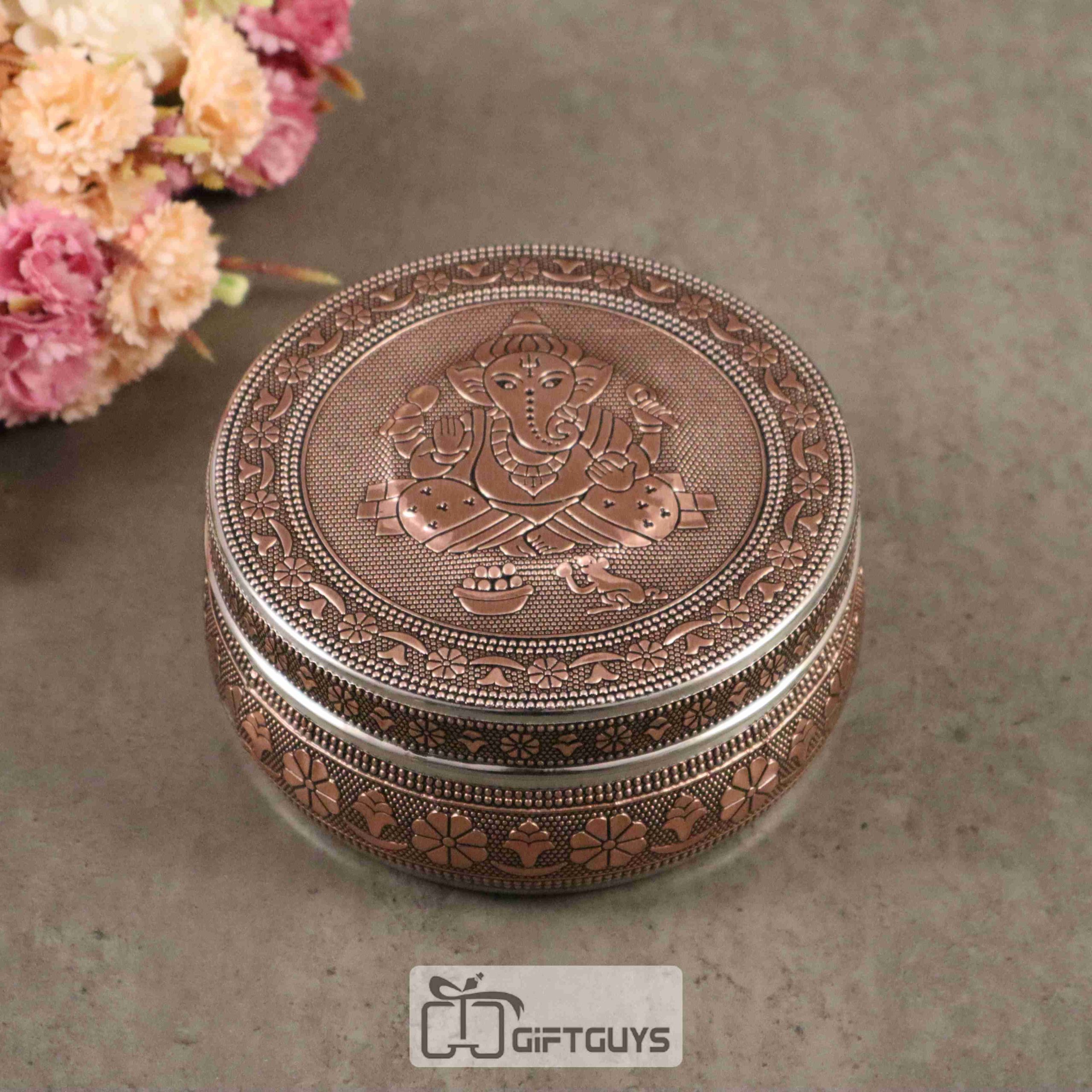 Copper Finish Ganesha Design Steel Box – Decorative Storage Container for Pooja & Gifts (5-Inch)