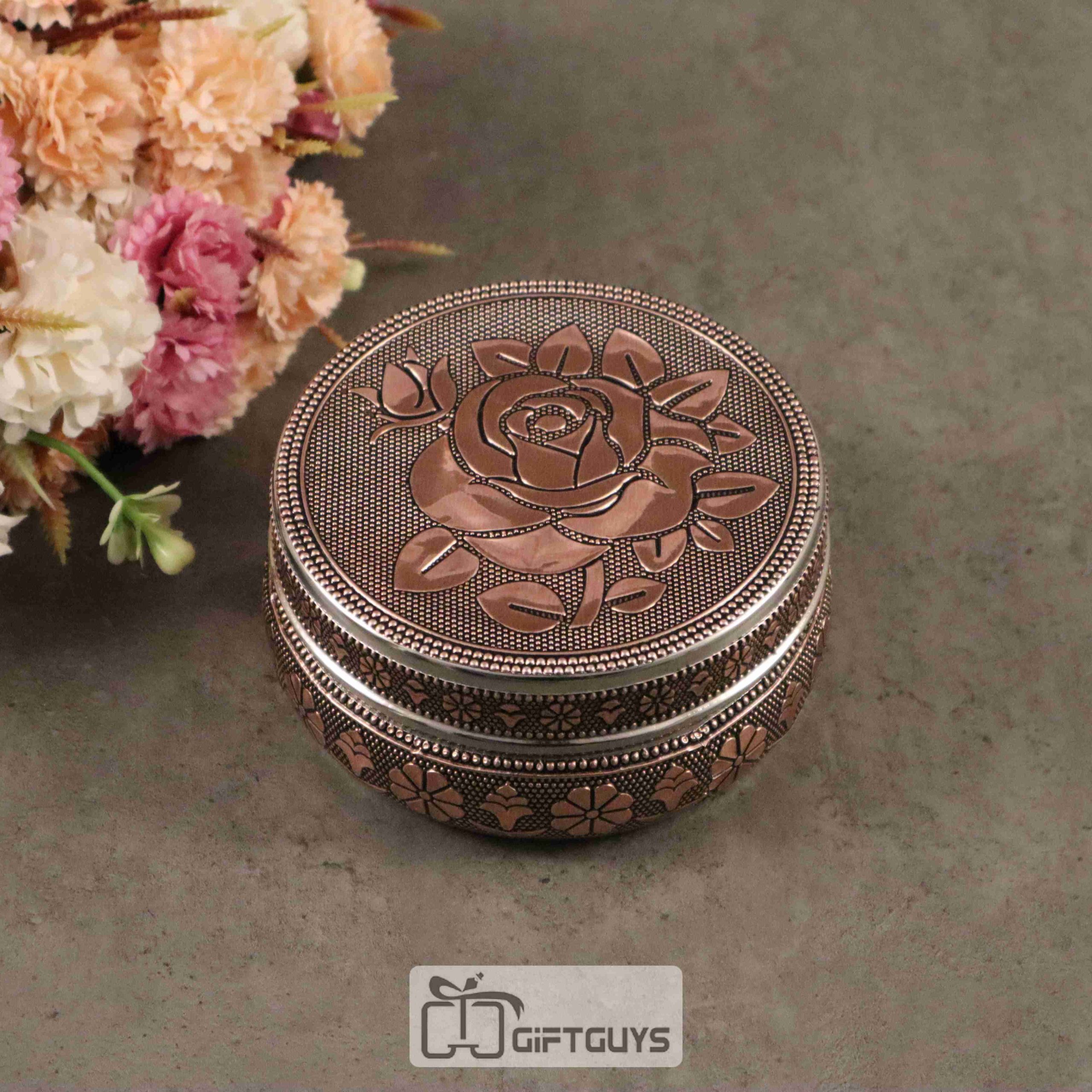 Copper Finish Rose Design Steel Box – Floral Gift Box for Pooja, Jewelry & Festive Return Gifts (4-Inch)