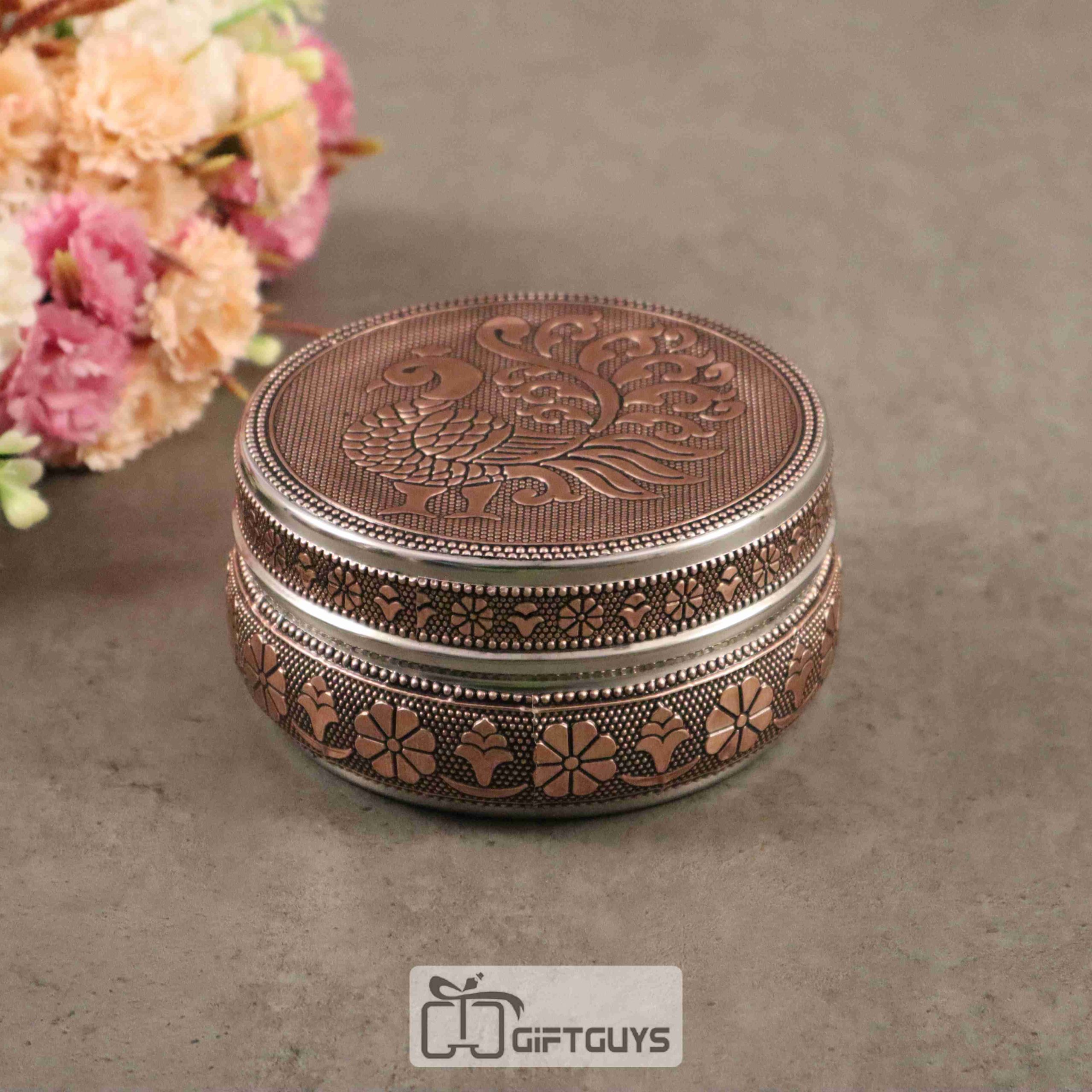 Copper Finish Peacock Design Steel Box – Decorative Gift Box for Jewelry, Pooja & Return Gifts (4-Inch)