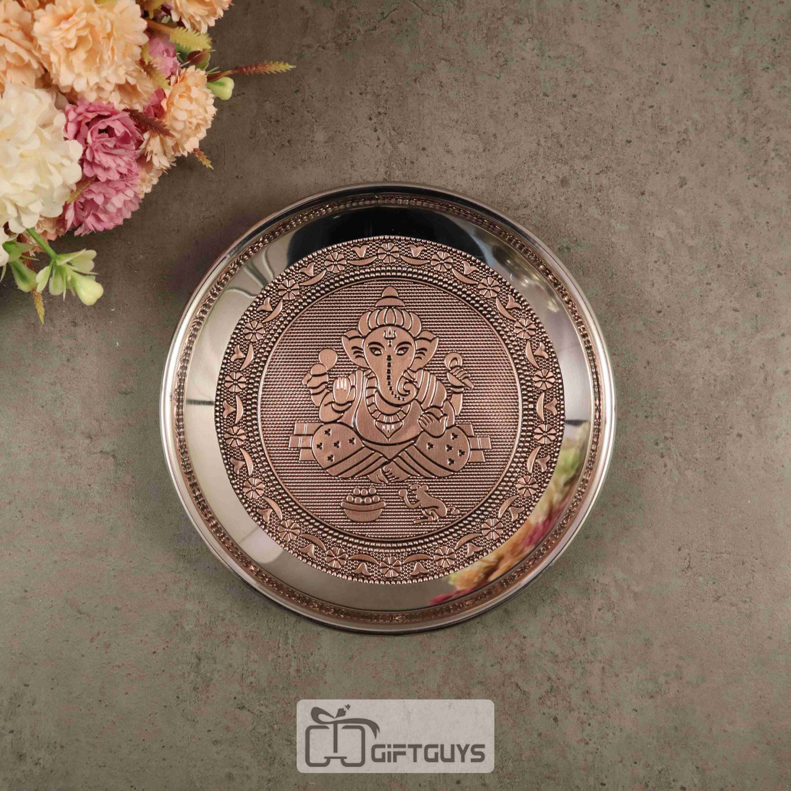 Copper oxidised Ganesha designed steel plate 6 inch