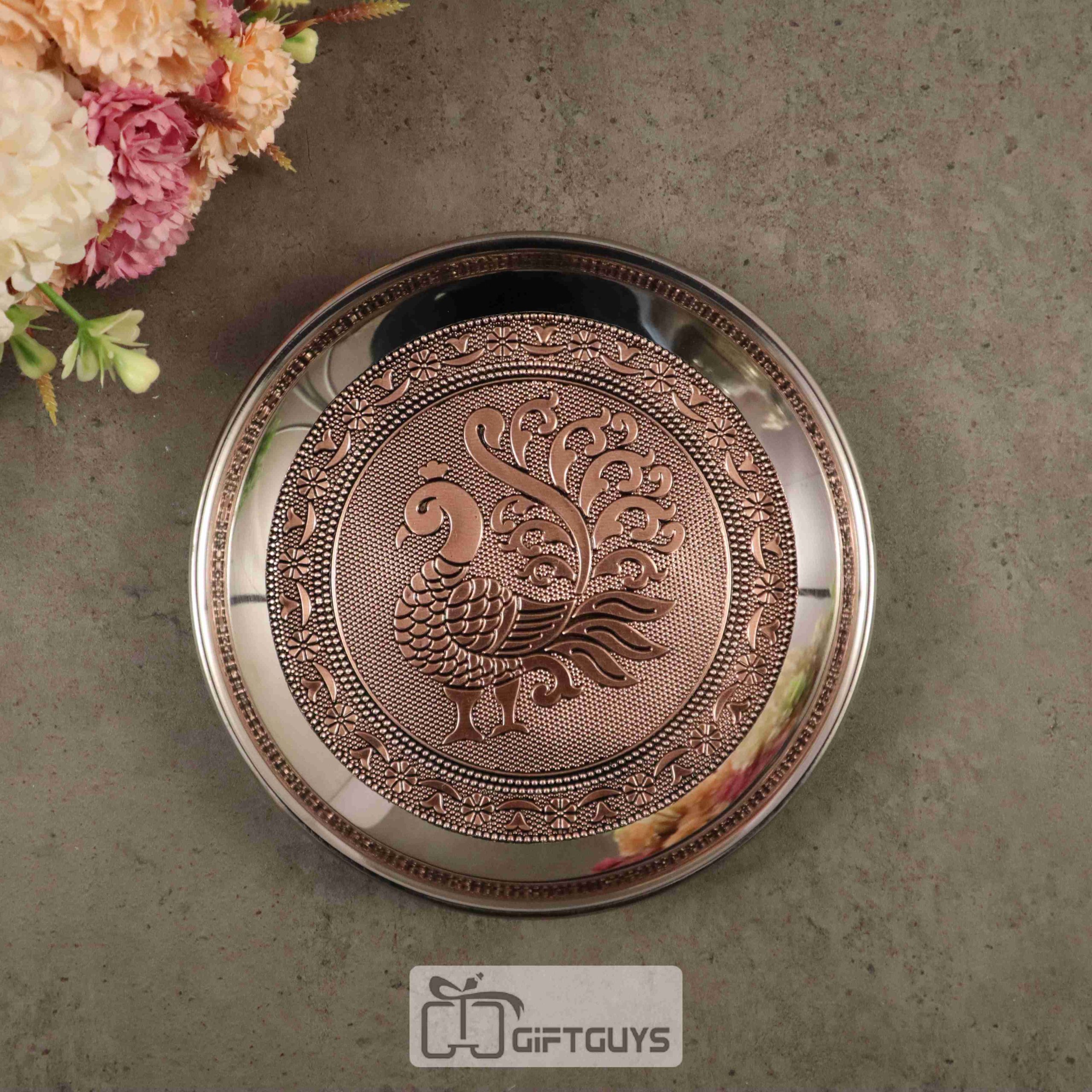 Copper oxidised Peacock designed steel plate 6 inch