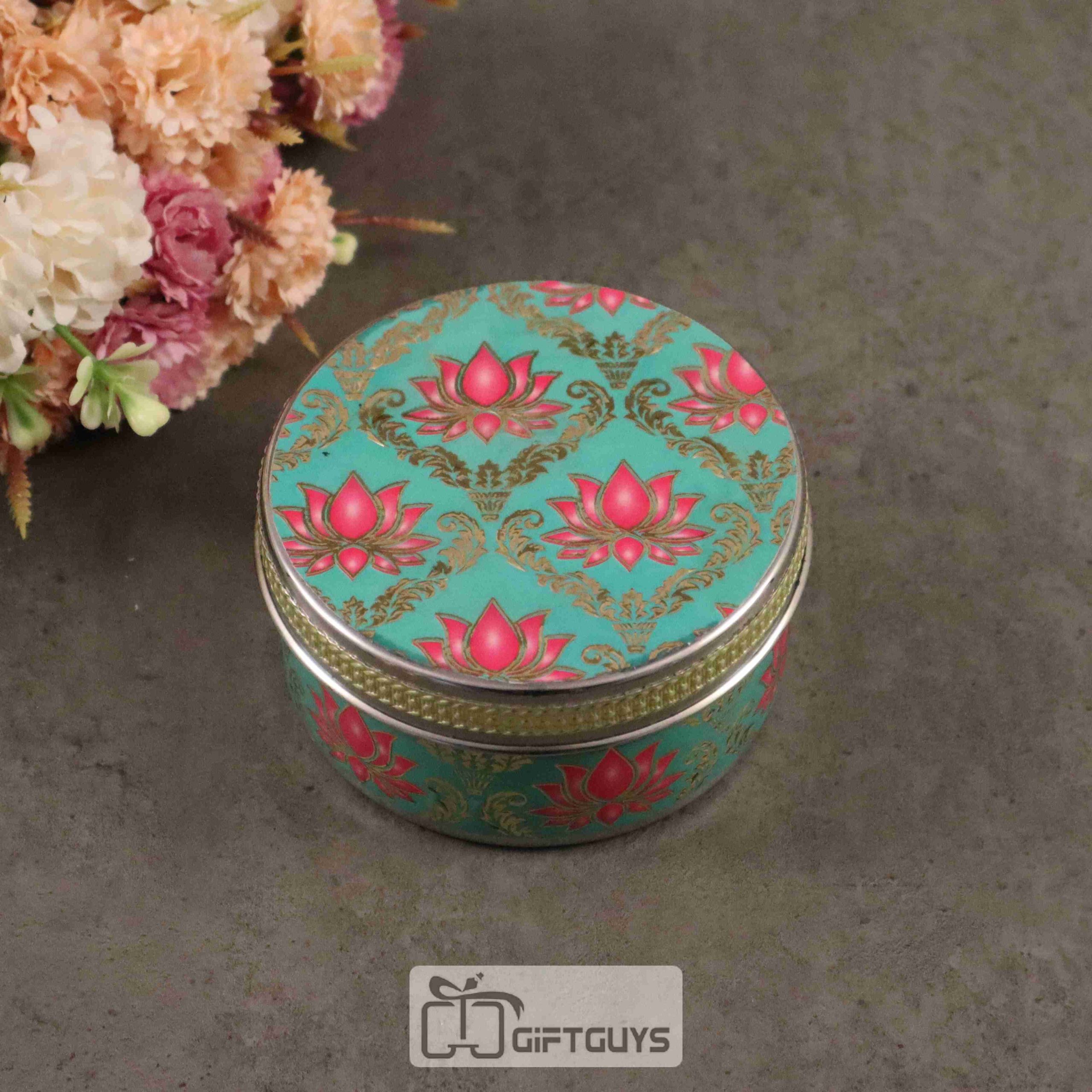 Pichwai Lotus Design Stainless Steel Box – Decorative Round Storage Container (4-Inch)