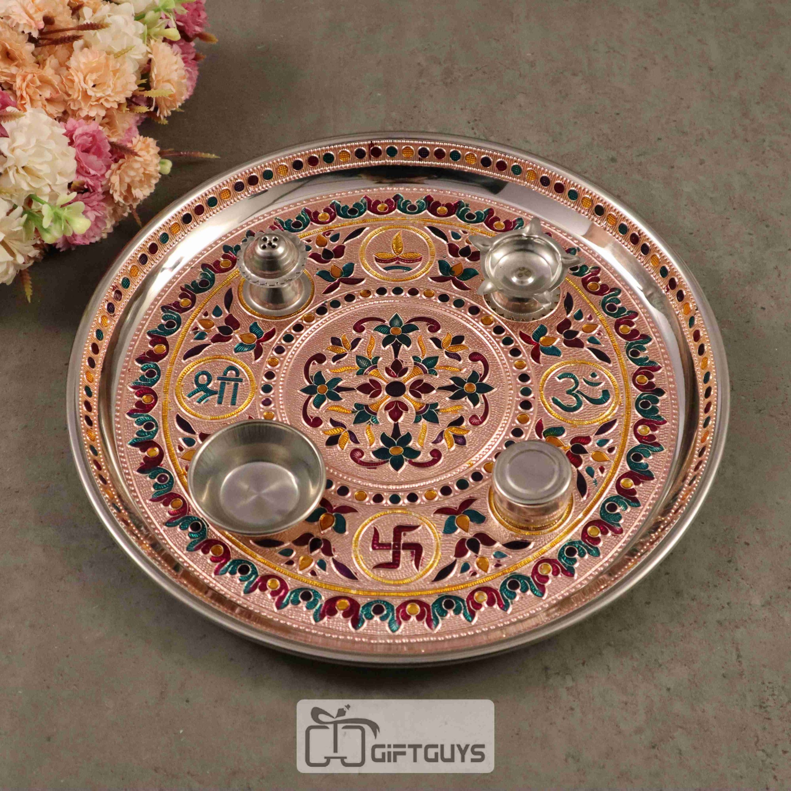 Meenakari floral designed pooja plate 11 inch
