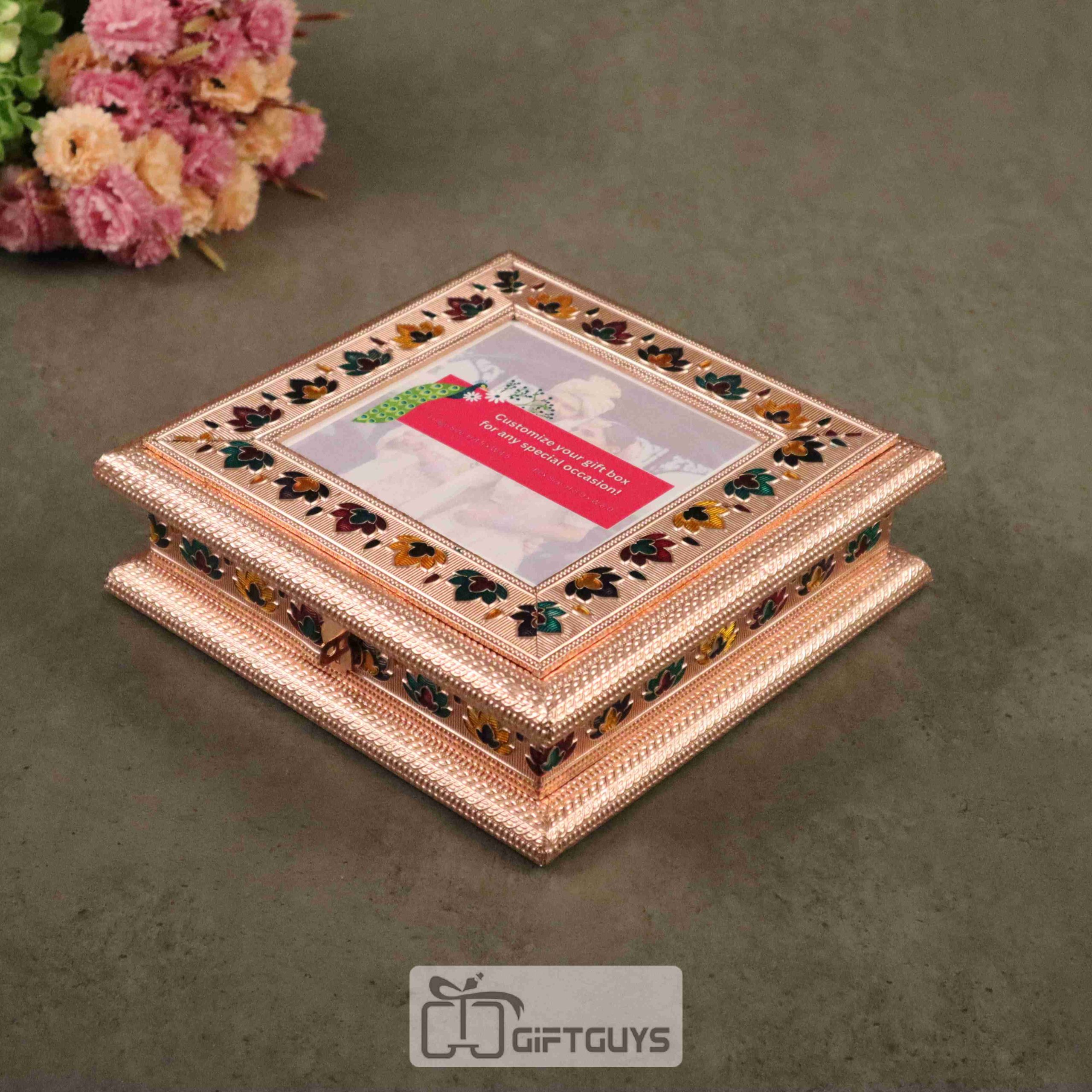 Wooden Copper Meenakari customizable photo dryfruit box 8 X 8 inch