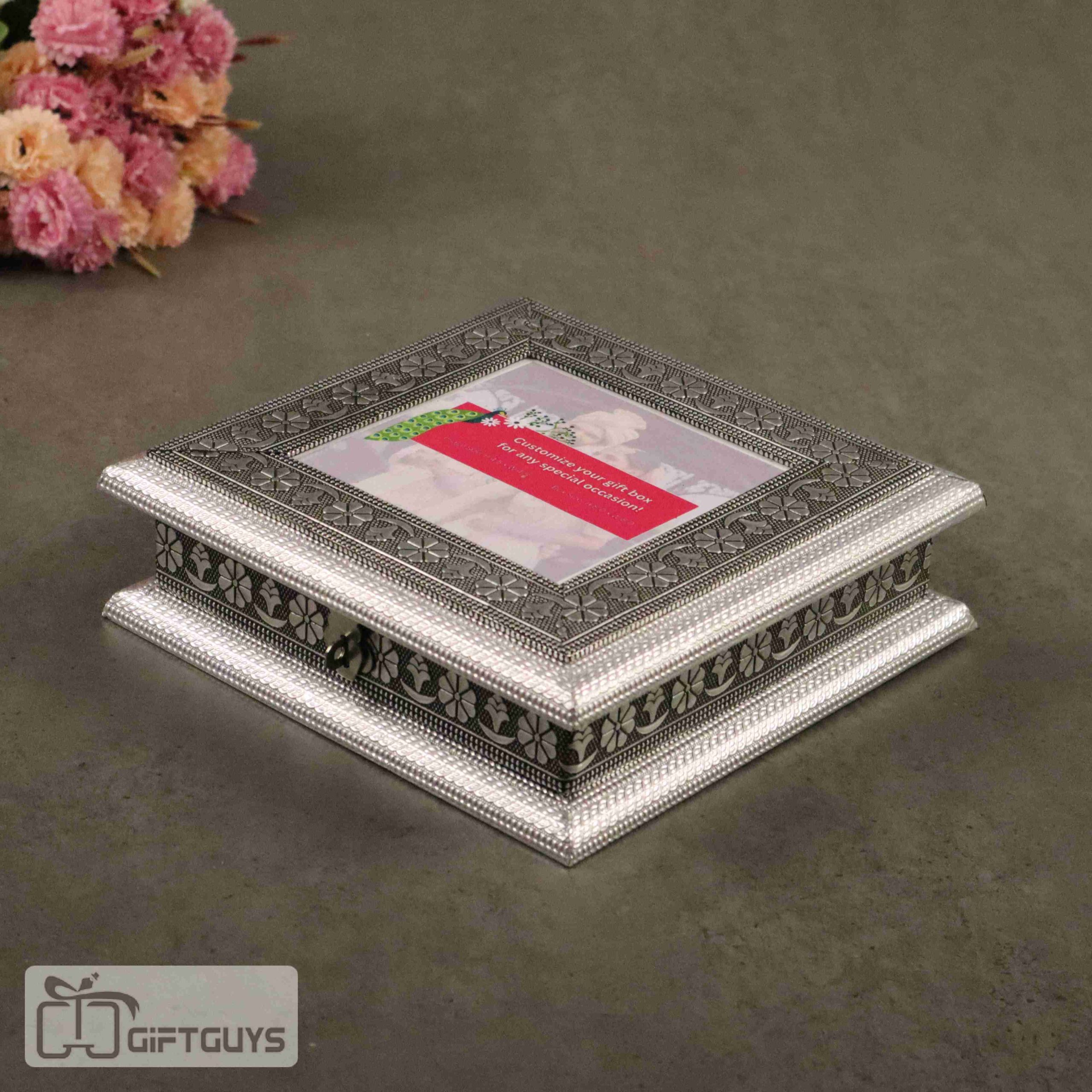 Wooden Silver oxidised customizable photo dryfruit box 8 X 8 inch