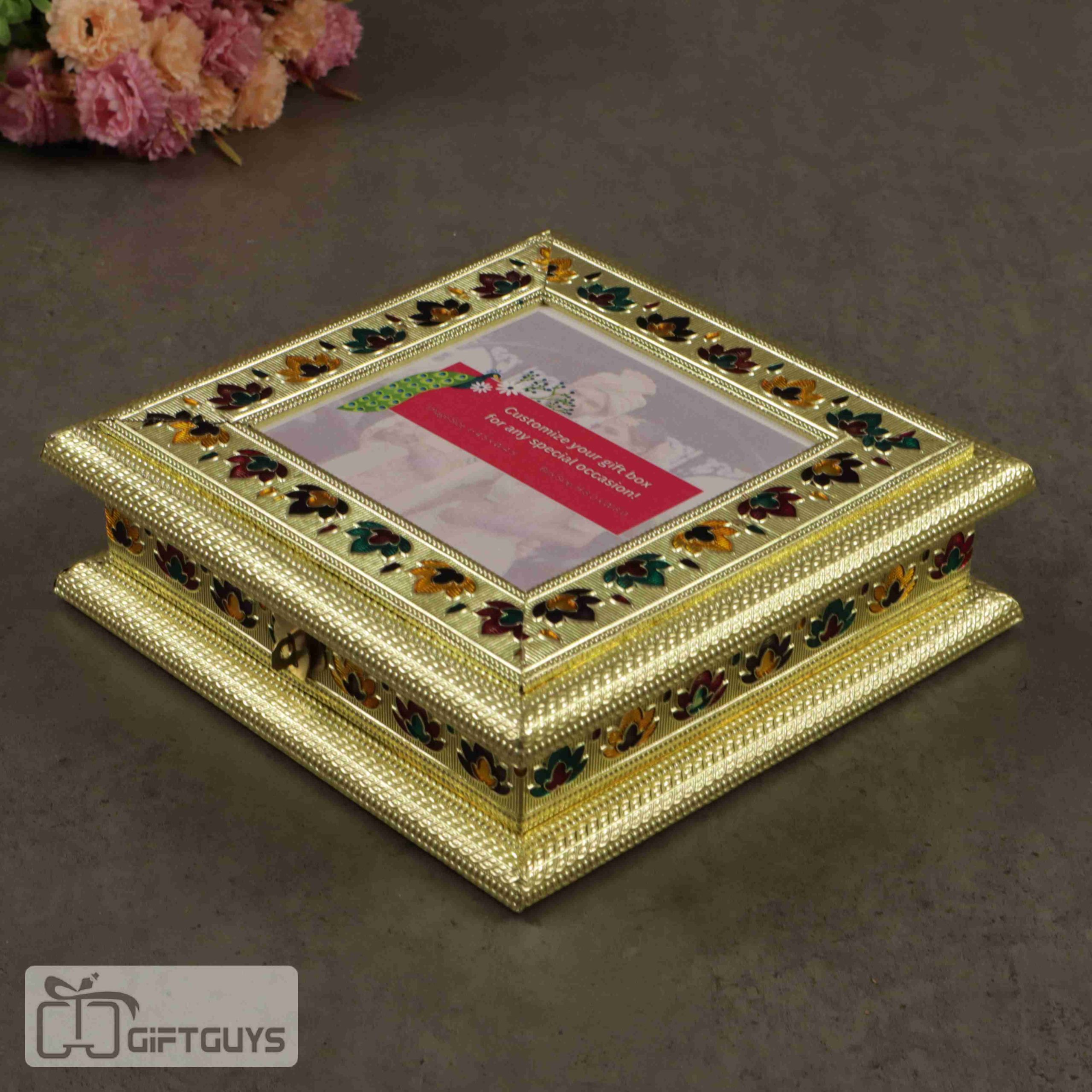 Wooden Golden Meenakari customizable photo dryfruit box 8 X 8 inch