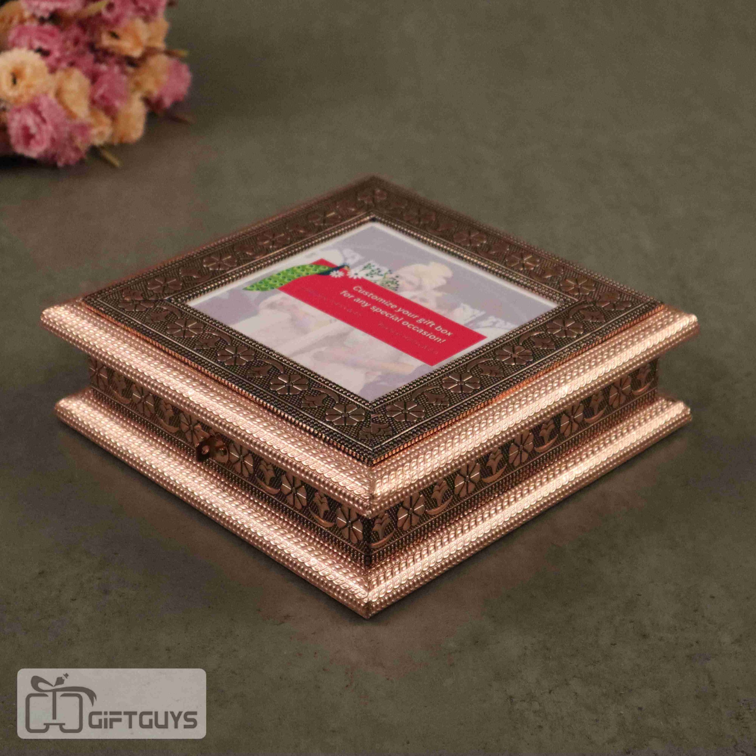 Customizable Photo Wooden Oxidised Dry Fruit Box – 8×8 inch Gift Box with Personal Photo