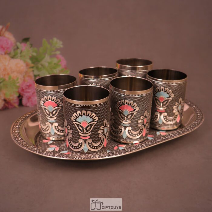 Meenakari Steel Tray Set with 6 Matching Glasses – 250ml | Traditional Serving Set – 12 X 8.5 Inch Tray