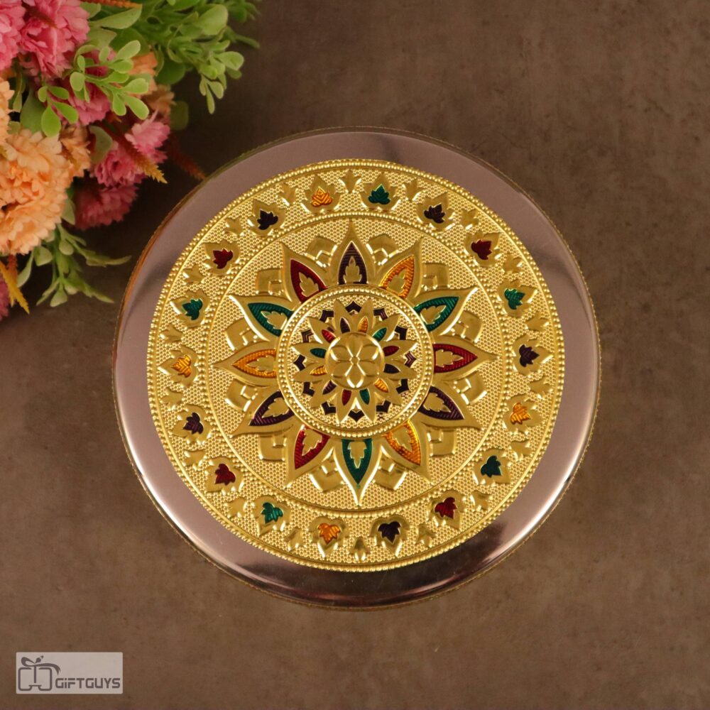 Golden Meenakari Steel Box 6.5″ x 2.5″ | Decorative Multicolor Enamel Storage Container - Image 2
