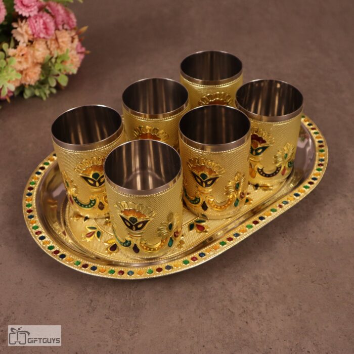 Golden Meenakari Tray Set with 6 Glasses – 250ml | Decorative Steel Serving Set – 12 X 8.5 Inch