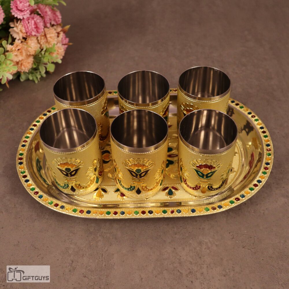 Golden Meenakari Tray Set with 6 Glasses – 250ml | Decorative Steel Serving Set – 12 X 8.5 Inch - Image 2