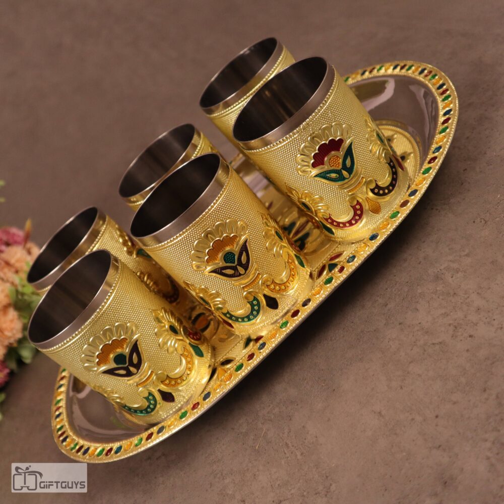 Golden Meenakari Tray Set with 6 Glasses – 250ml | Decorative Steel Serving Set – 12 X 8.5 Inch - Image 3