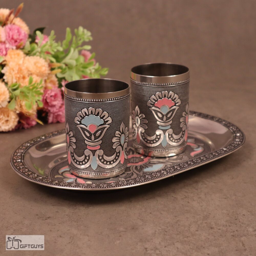 Meenakari Steel Tray Set with 2 Matching Glasses – 250ml | Traditional Serving Set – 10 X 6.5 Inch Tray - Image 5