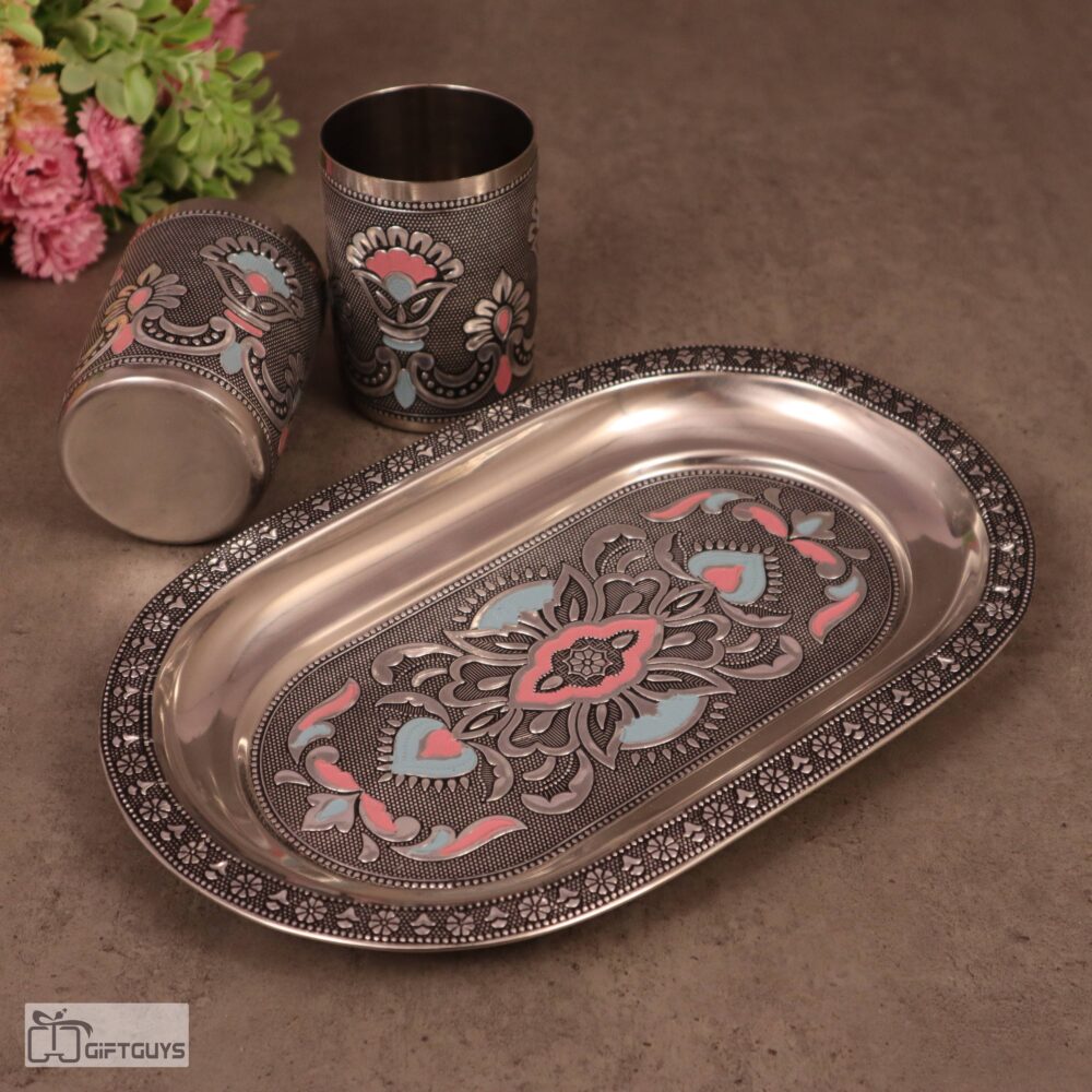 Meenakari Steel Tray Set with 2 Matching Glasses – 250ml | Traditional Serving Set – 10 X 6.5 Inch Tray - Image 2