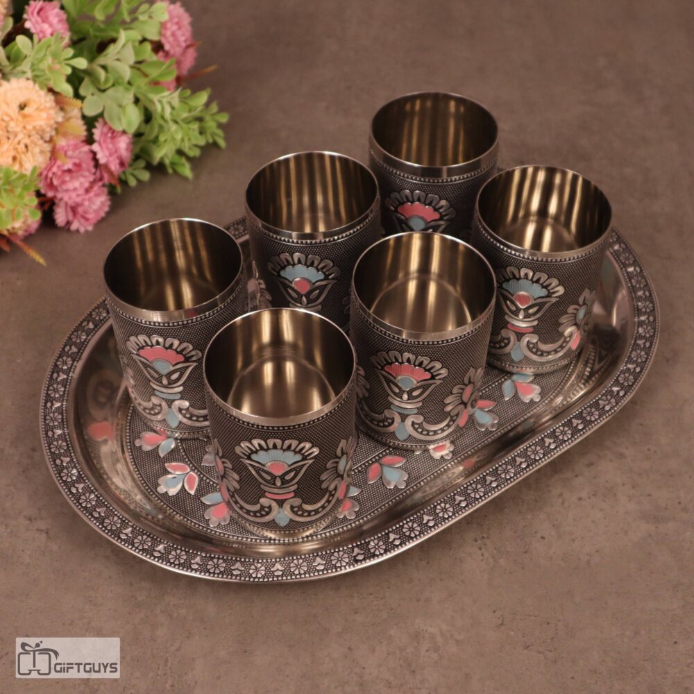 Meenakari Steel Tray Set with 6 Matching Glasses – 250ml | Traditional Serving Set – 12 X 8.5 Inch Tray - Image 5