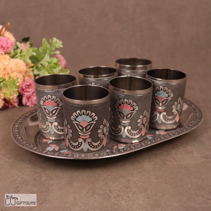 Meenakari Steel Tray Set with 6 Matching Glasses – 250ml | Traditional Serving Set – 12 X 8.5 Inch Tray